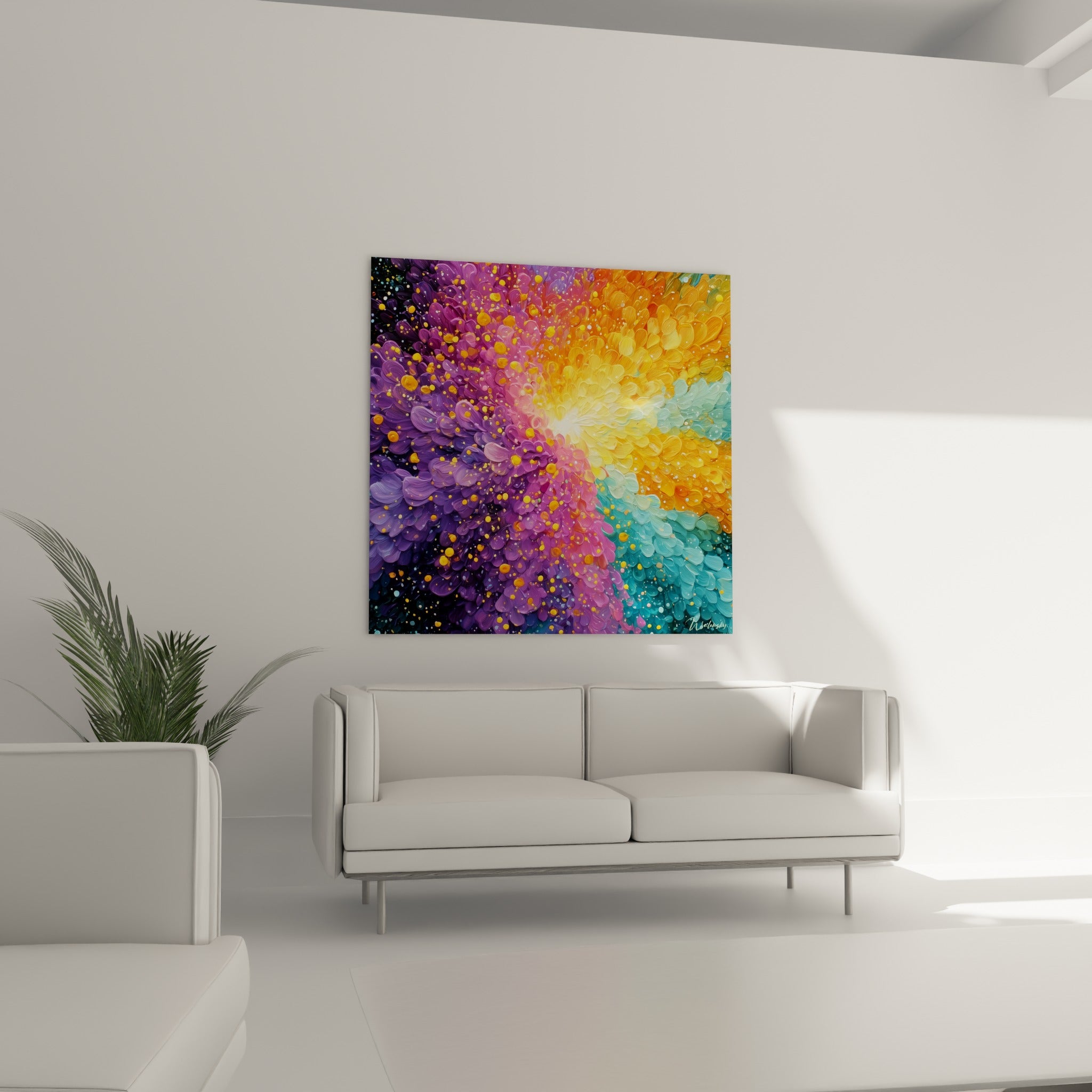 Dégradé lumineux de violet, orange et turquoise en relief épais, accroché au-dessus d'un canapé dans un salon lumineux