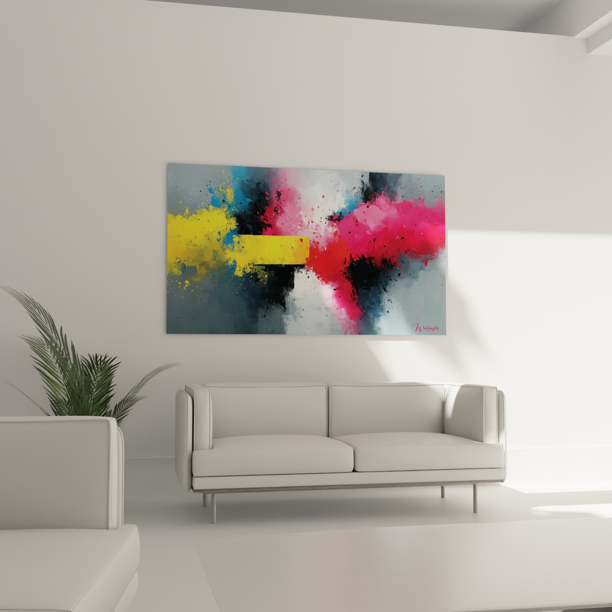 Détonation de pigments rose et jaune sur fond anthracite, positionnée au-dessus d'un canapé dans un salon lumineux