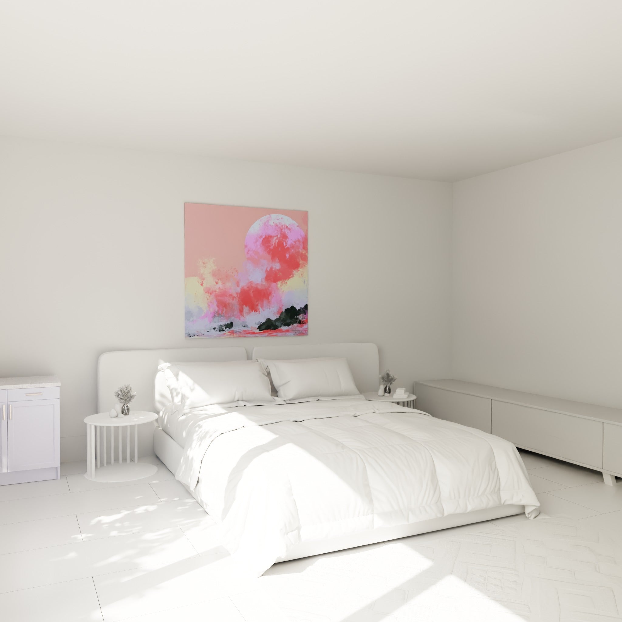 Disque rose pastel et blanc irradiant au-dessus d'un lit dans une chambre claire, tableau abstrait