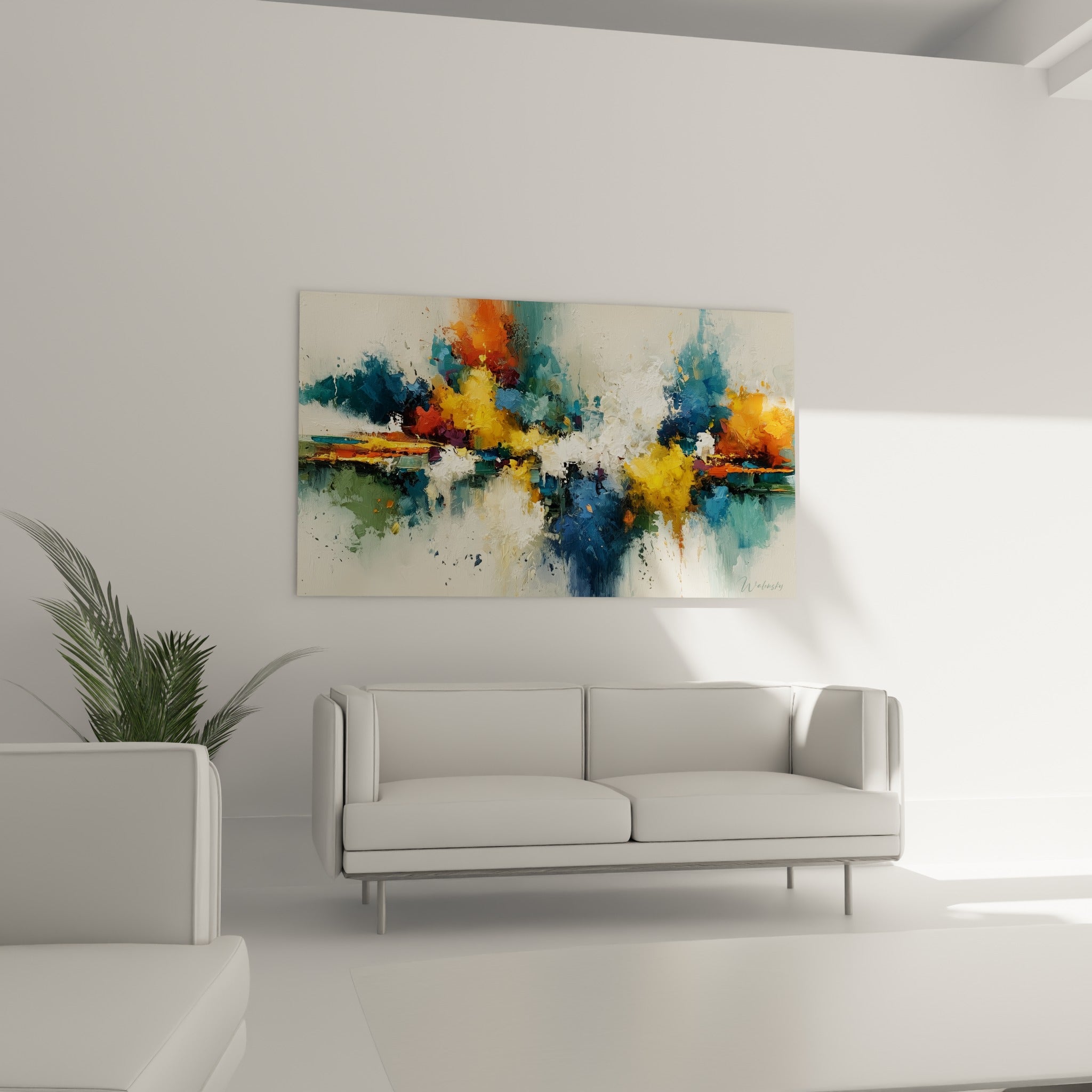 Jaillissement doré et bleu marine sur toile abstraite au-dessus d'un canapé dans un salon lumineux