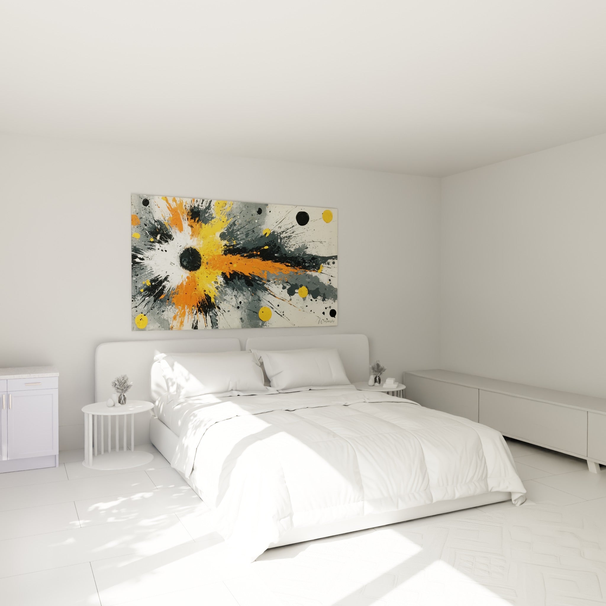 Déflagration jaune et orange vif au-dessus d'un lit dans une chambre claire et épurée