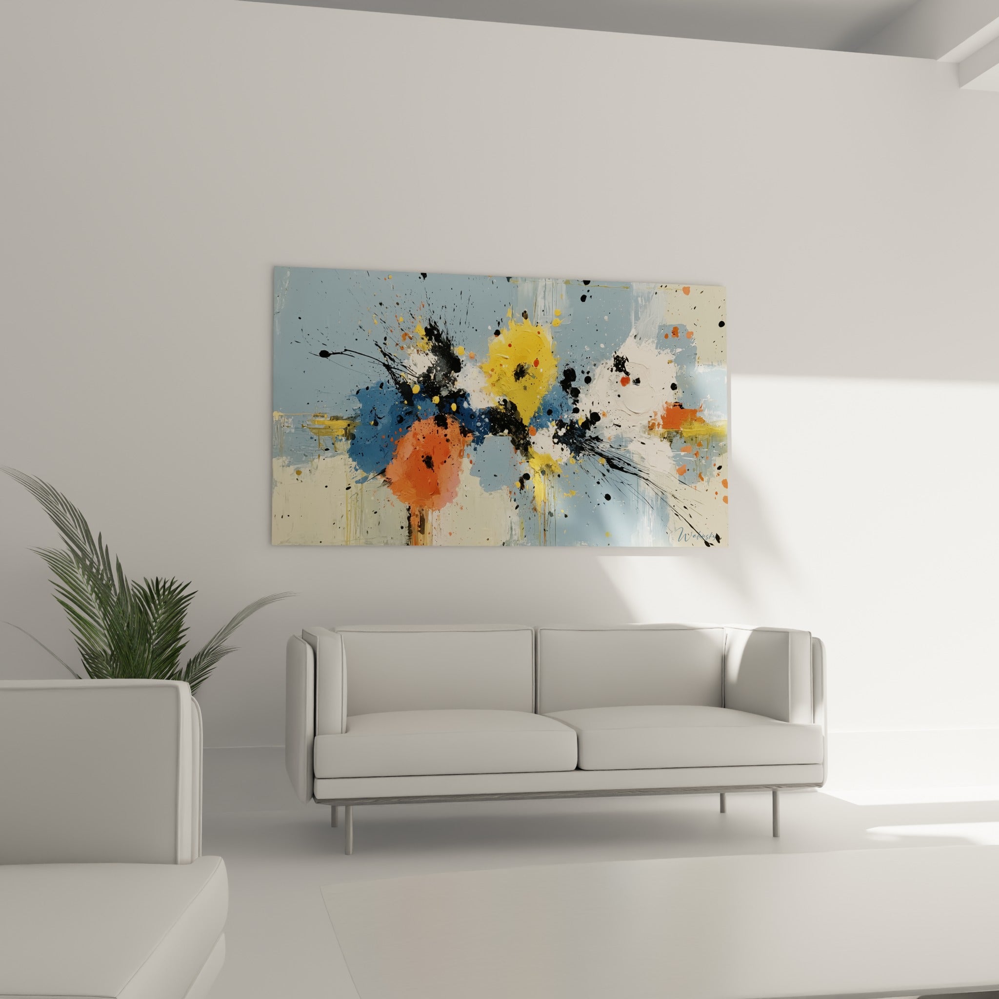 Formes florales bleu pastel et jaune vif, éclaboussées de noir, suspendues au-dessus d'un canapé dans un salon lumineux