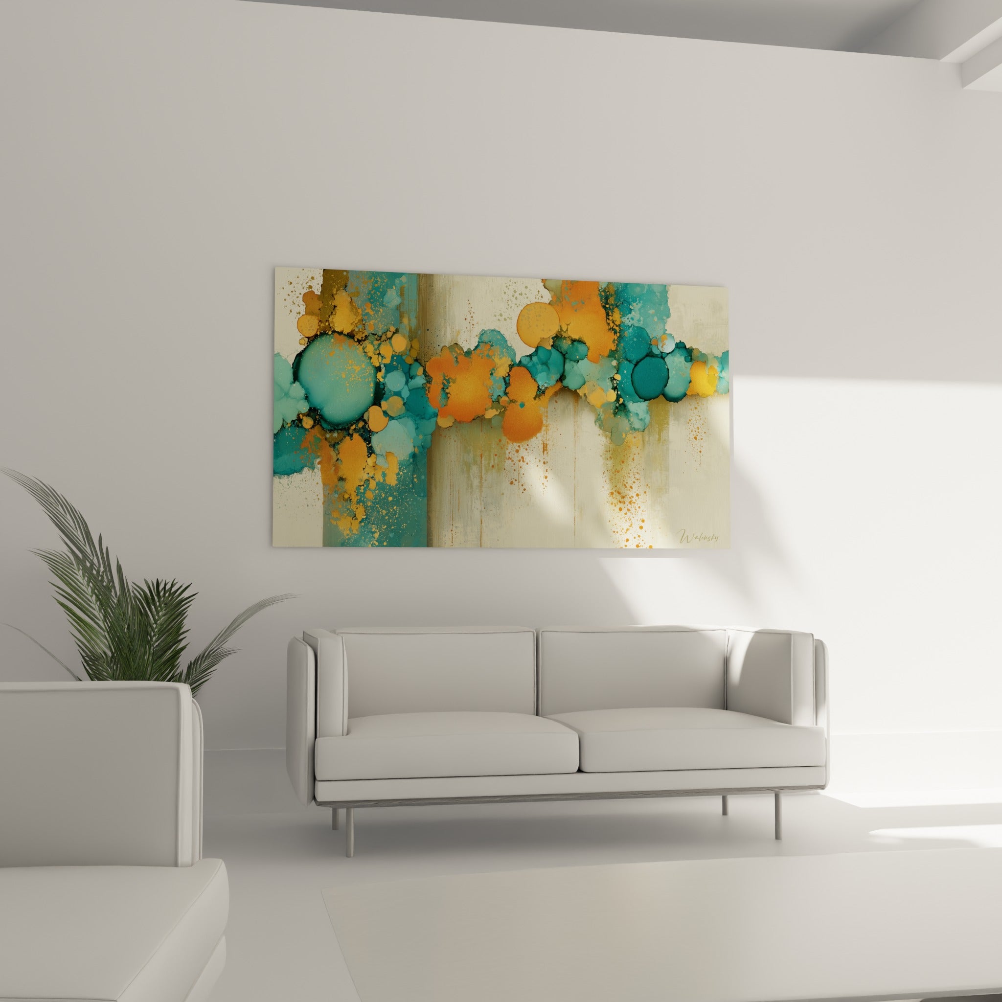 Éclaboussures bleu pétrole et orange composent ce style peinture abstrait, au-dessus d'un canapé dans un salon lumineux