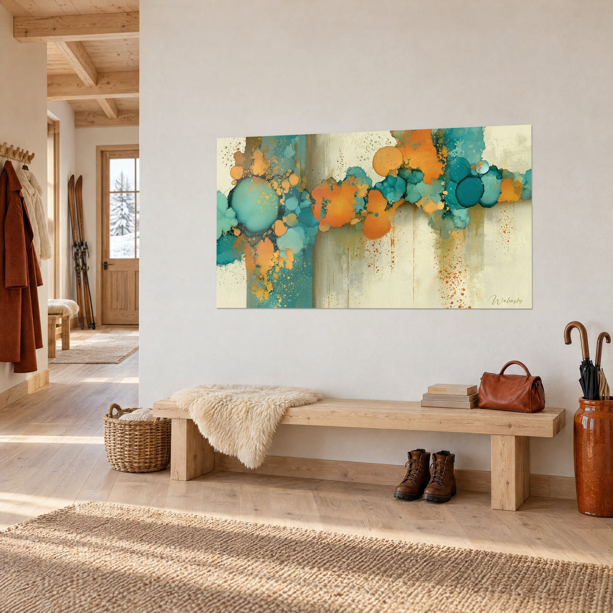 Schilderij met abstracte cirkels in mintgroen en saffraanoranje met verticale druipsporen, opgehangen boven een houten bank in een chalet
