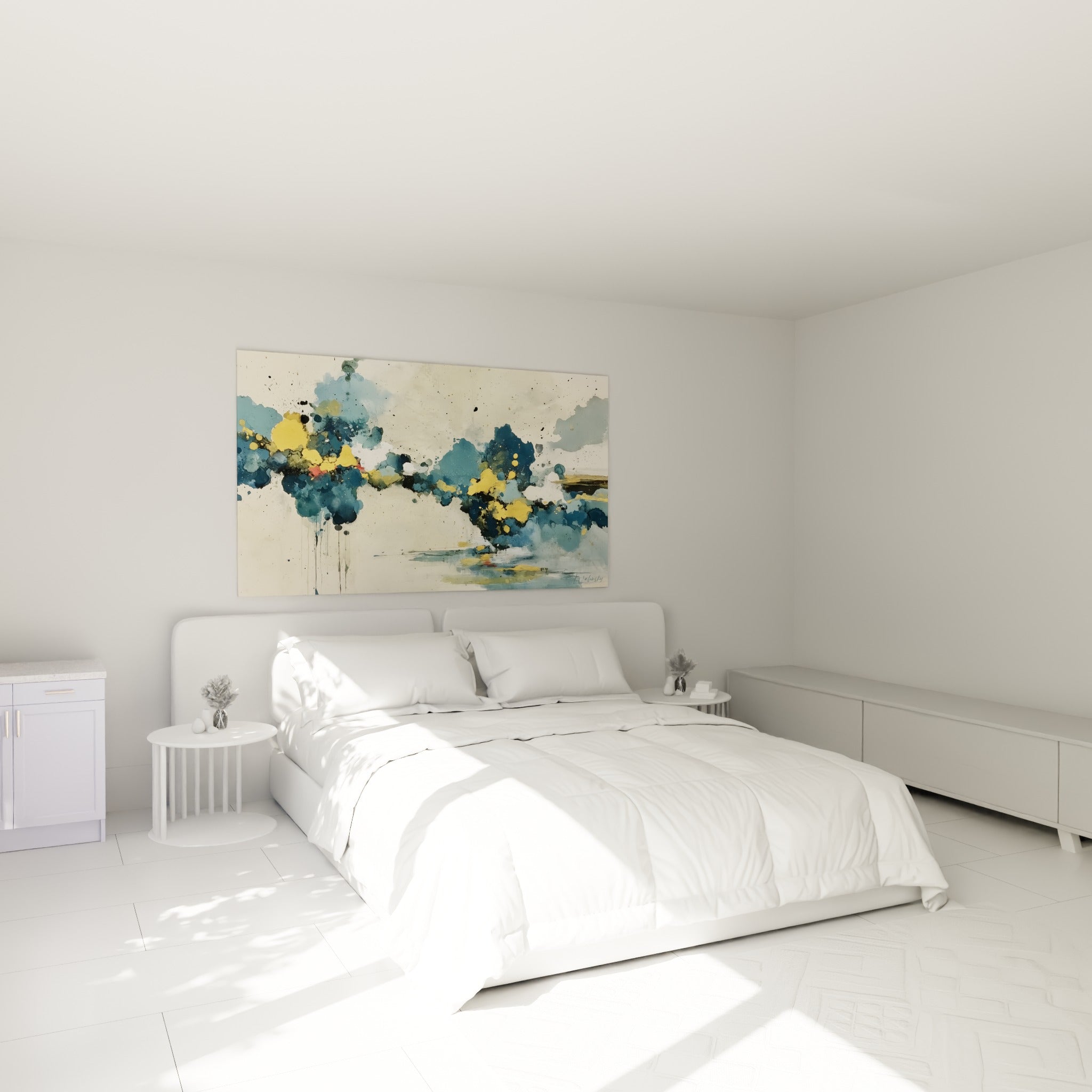Masse nuageuse bleu pétrole et dorée au-dessus d'un lit dans une chambre claire