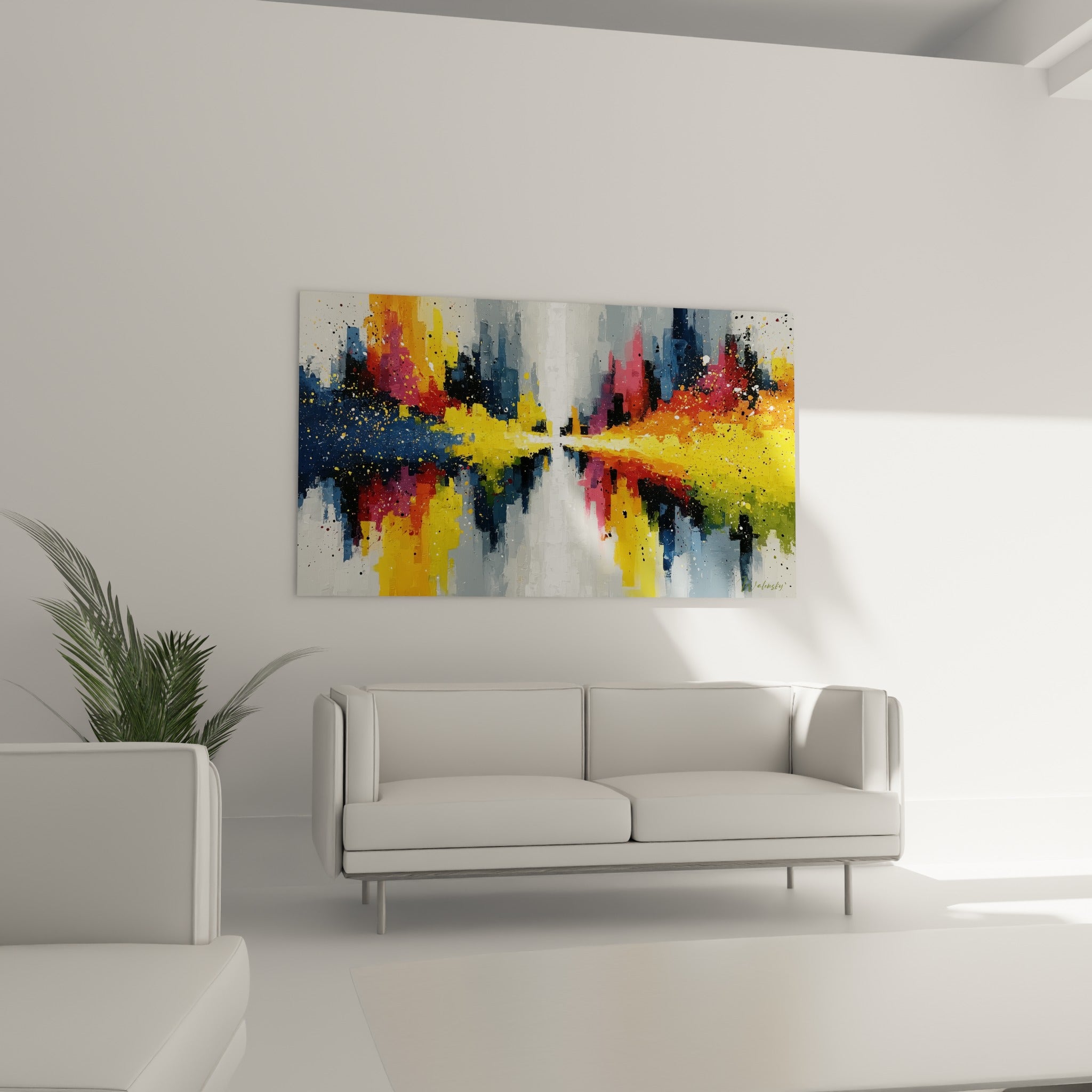 Toile abstraite aux tons orange et bleu marine avec reflets lumineux, au-dessus d'un canapé dans un salon lumineux