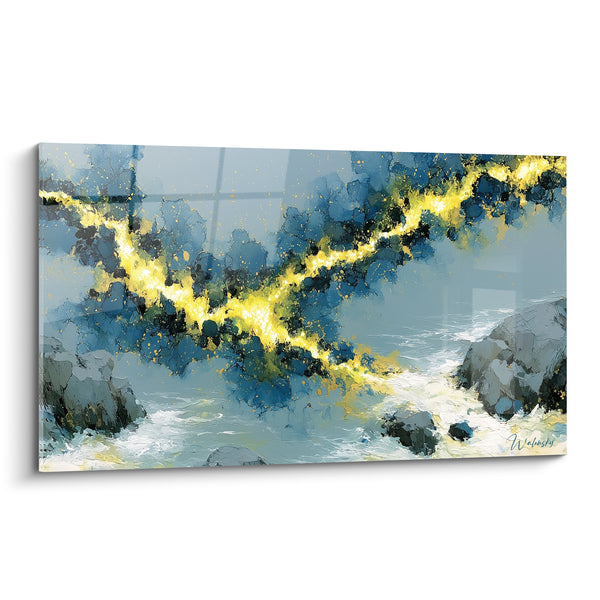 Tableau Éclair doré sur rochers bleu anthracite - Décharge céleste - Edition style Peinture abstrait