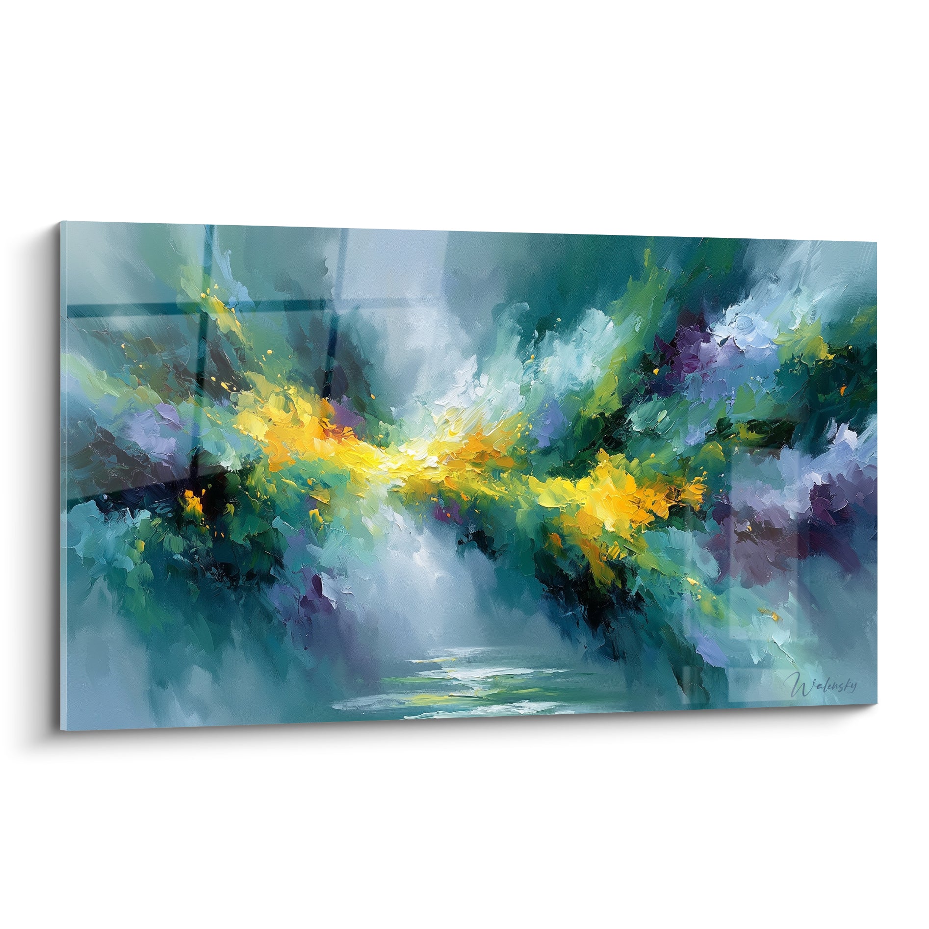 Éclaircie dorée peinture abstraite turquoise et violette, composition texturée au couteau plein cadre