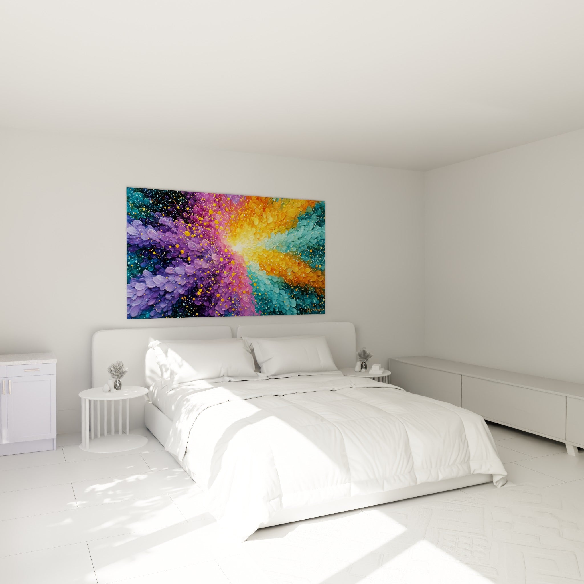 Éclat pictural violet et orangé irradiant d'un centre doré, accroché au-dessus d'un lit dans une chambre claire