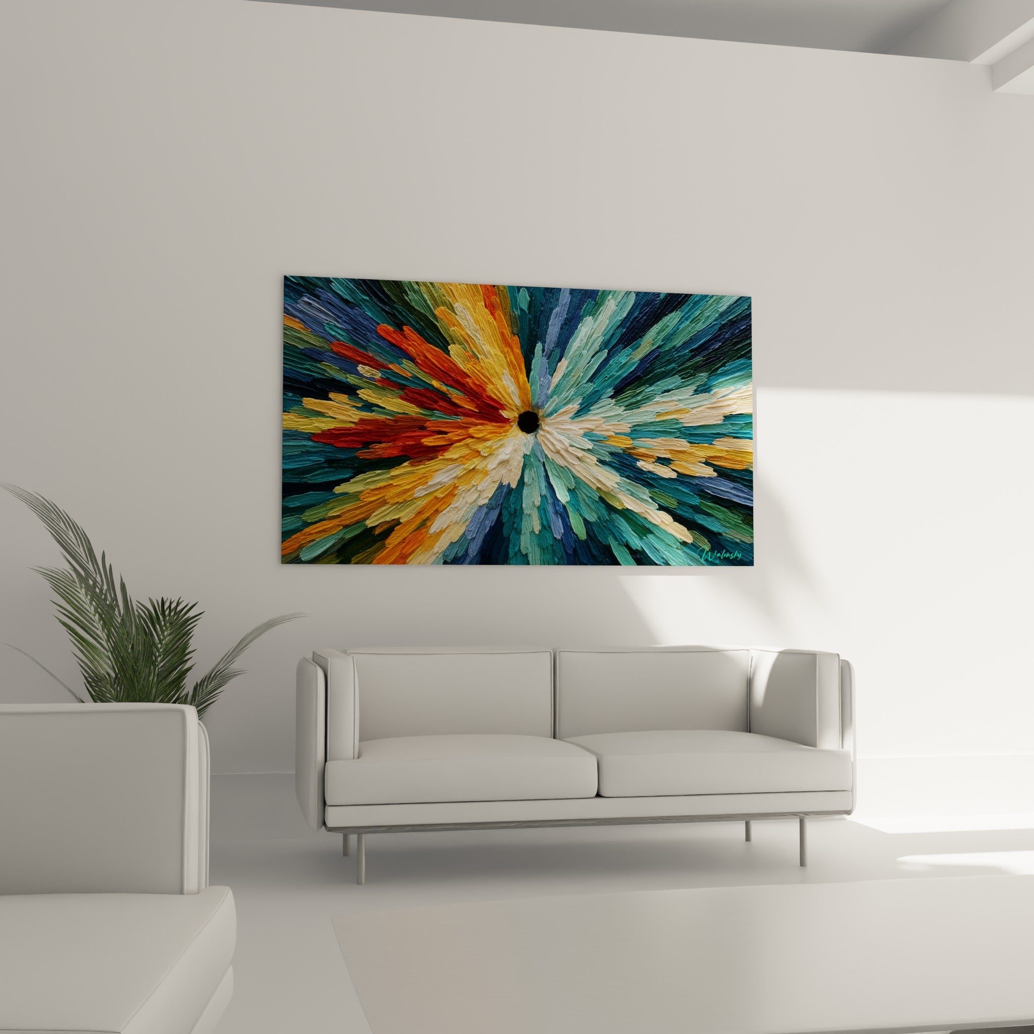 Pétales abstraits turquoise et ocre doré du style Peinture abstrait au-dessus d'un canapé dans un salon lumineux