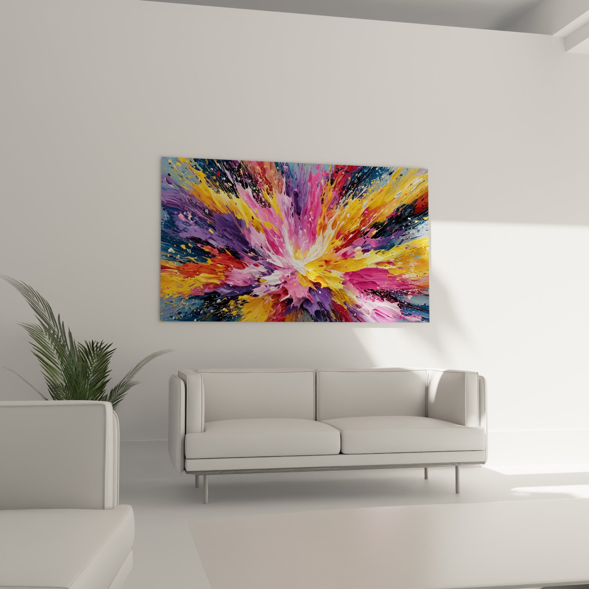Éclat pictural rose et jaune ocre traversé de bleu anthracite, placé au-dessus d'un canapé dans un salon lumineux