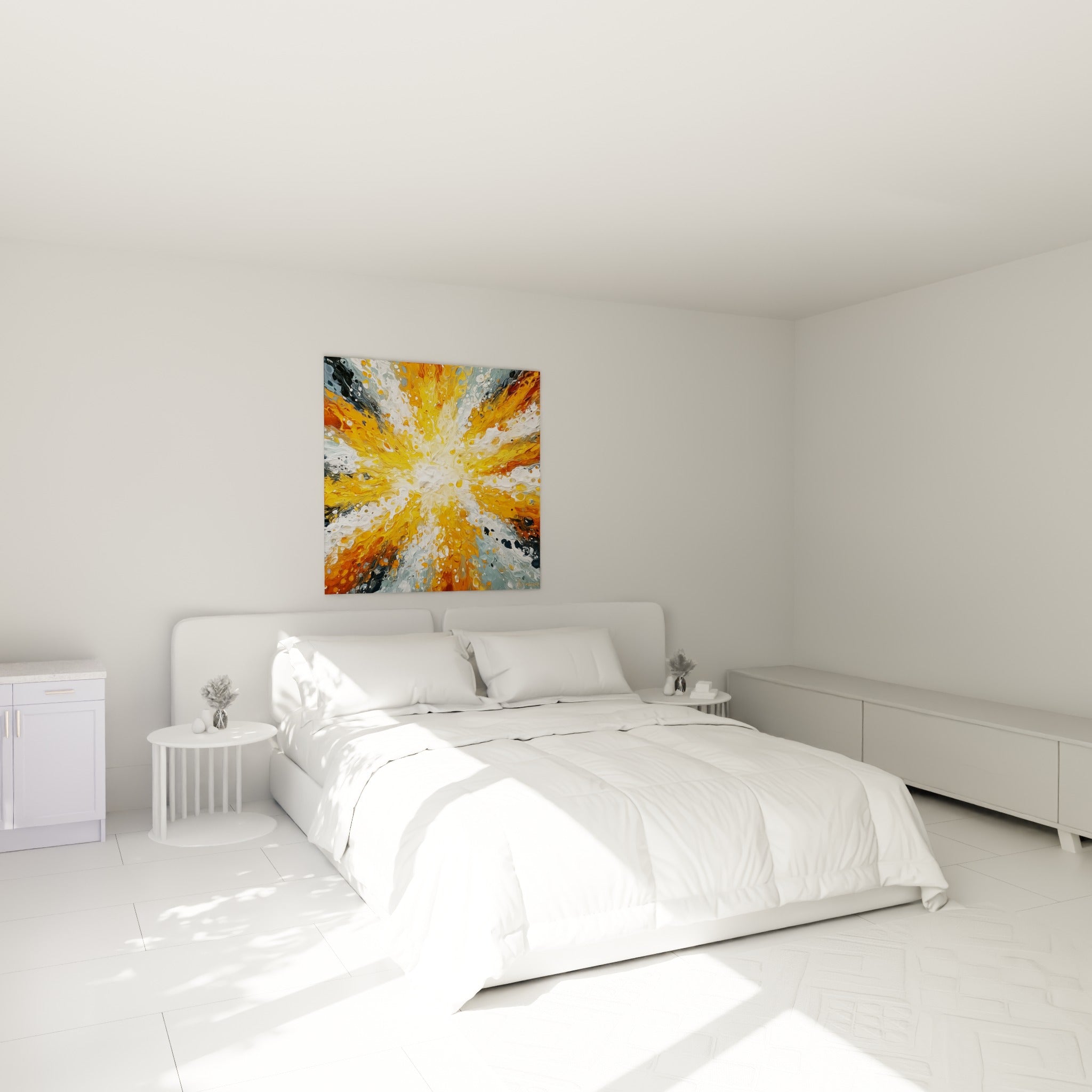 Explosion orangée et anthracite en style Peinture abstrait, accrochée au-dessus d'un lit dans une chambre claire
