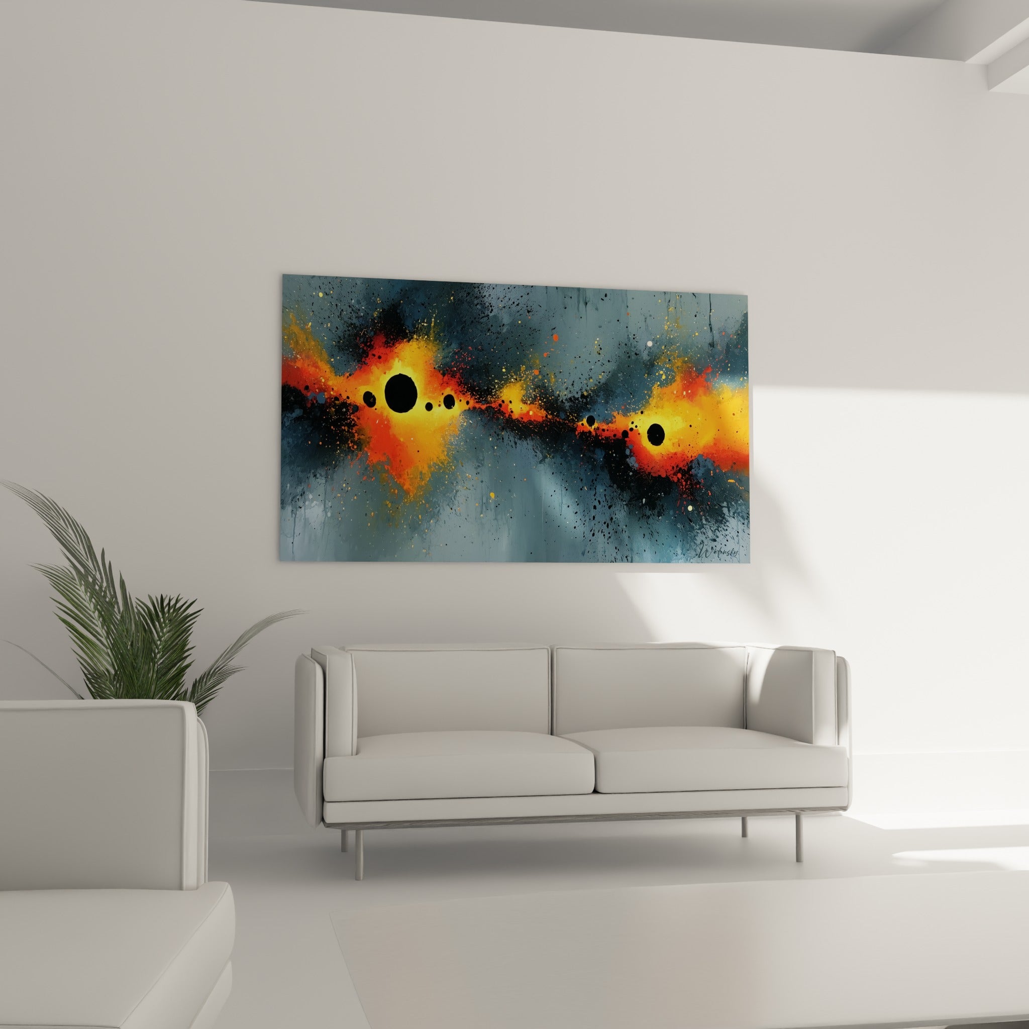 Déflagration cosmique jaune et anthracite peinte sur toile, au-dessus d'un canapé dans un salon lumineux