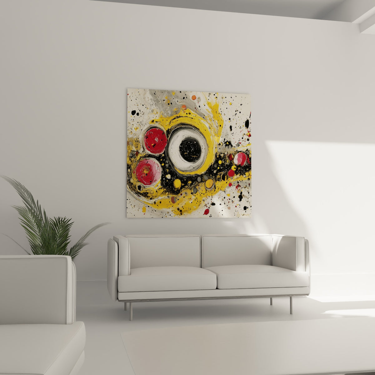 Éclat noir et jaune du tableau style Peinture abstrait au-dessus d'un canapé dans un salon lumineux