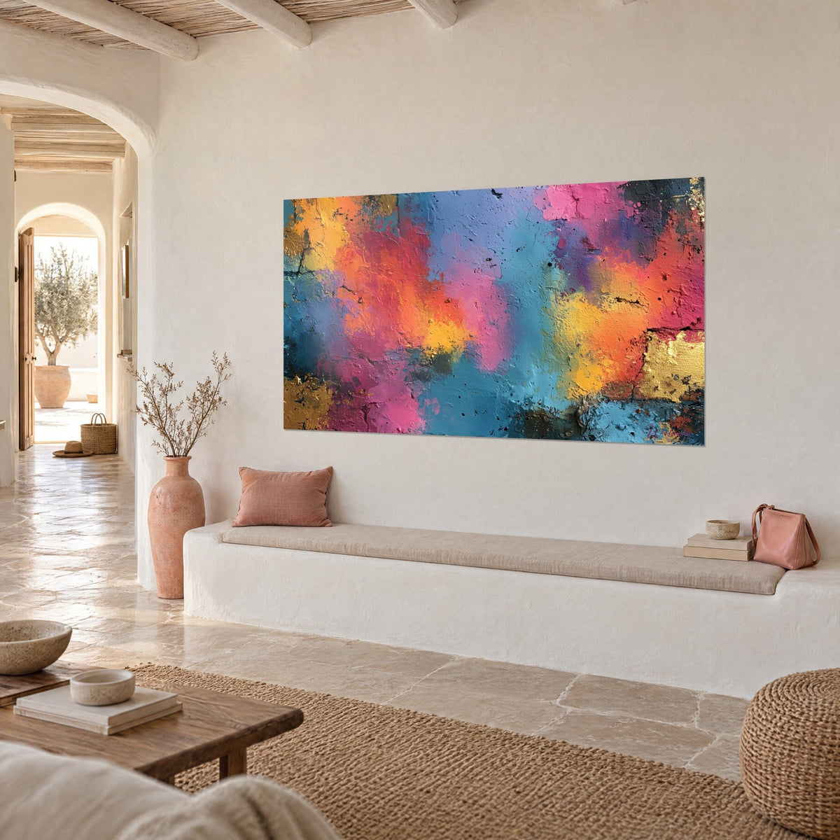 Gemälde abstrakte Malerei in dicken Spachtelschichten Himmelblau und leuchtendes Orange, an einer gekalkten Wand einer mediterranen Villa