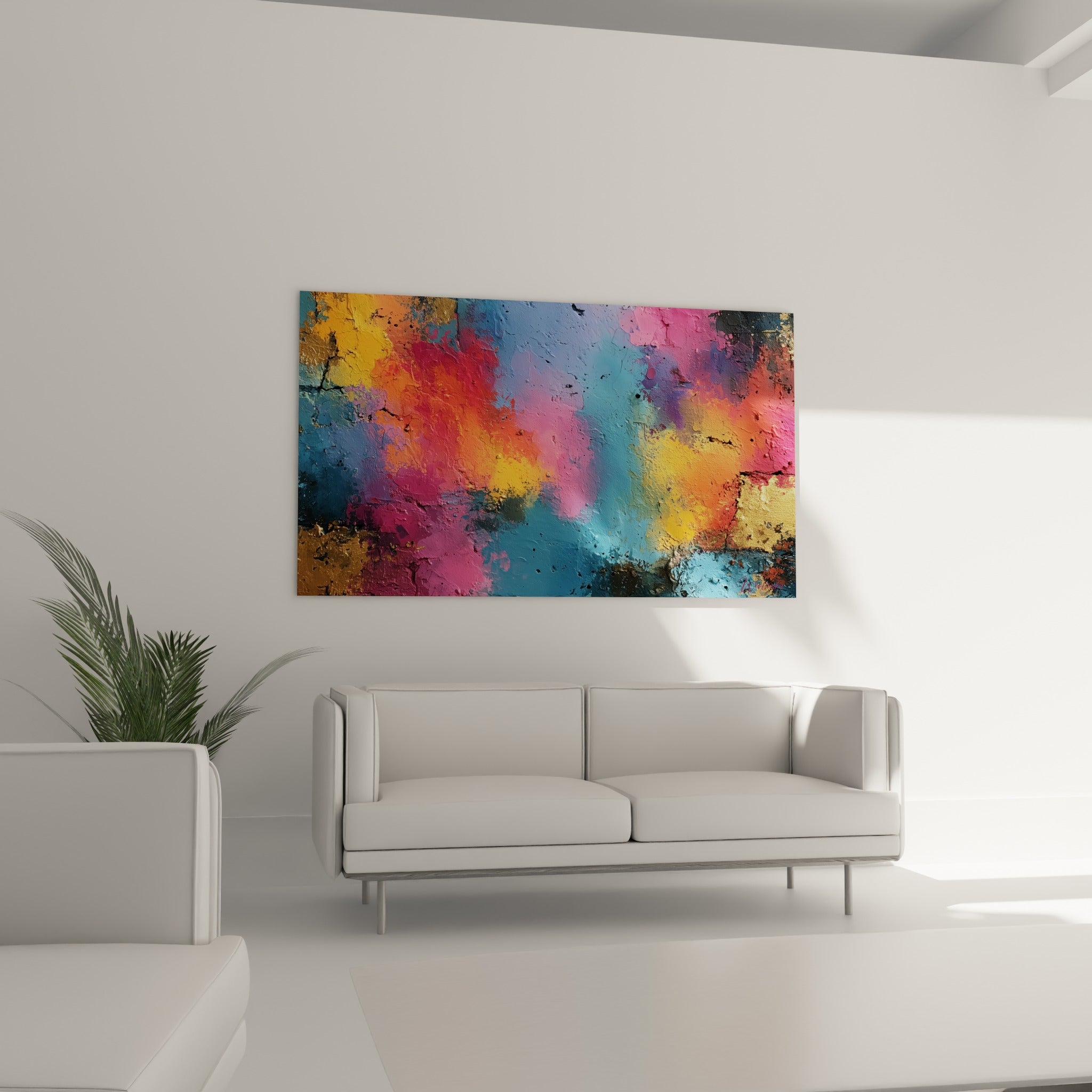 Éclats roses et dorés sur fond bleu foncé disposés au-dessus d'un canapé dans un salon lumineux