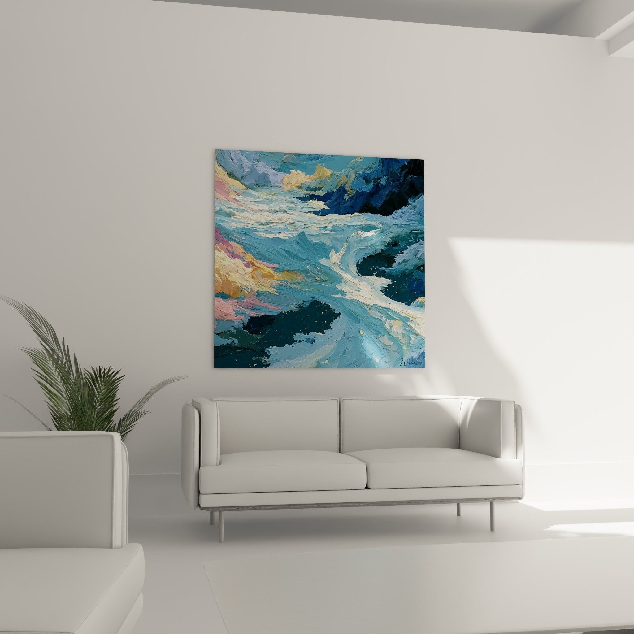 Tourbillon d'écume blanche et bleu profond, disposé au-dessus d'un canapé dans un salon lumineux