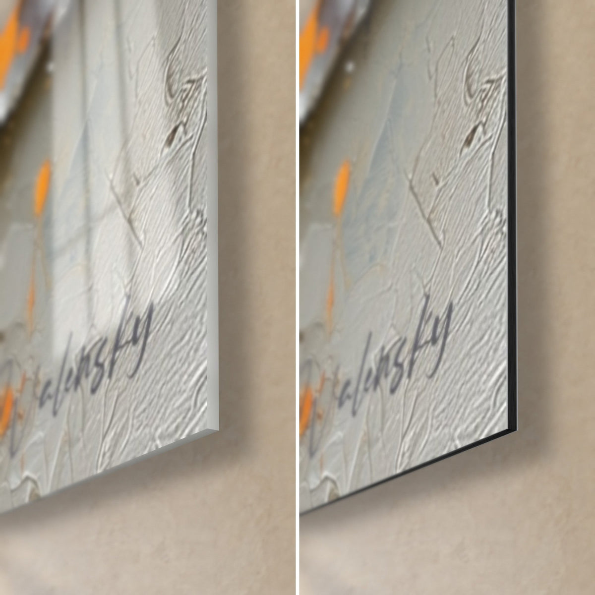 Wall art with raised orange and grey paint spots, bottom right corner, 3 mm edge, glossy glass on the left and matte black Dibond on the right