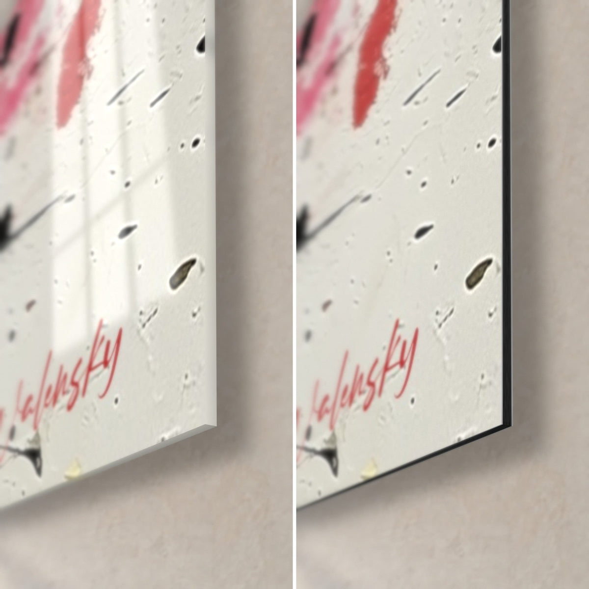 Quadro astratto macchie rosa vivo e nere su crema, angolo in basso a destra firmato Walensky: vetro acrilico lucido e alluminio Dibond opaco, spessore 3 mm