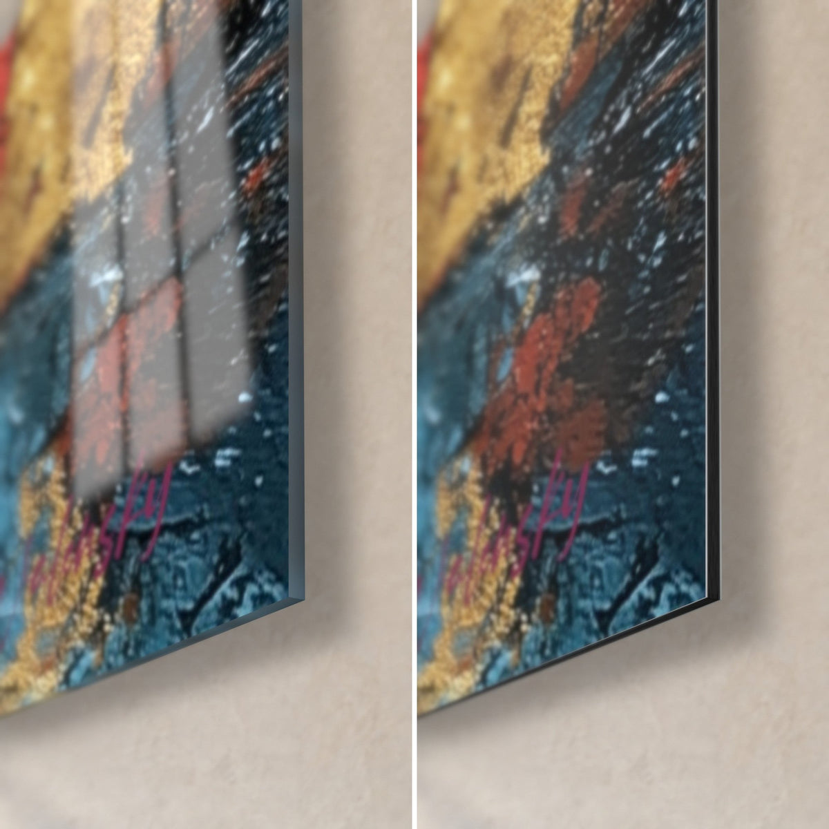 Gemälde strukturierter Gipseffekt in Blau und Gold unten rechts, 3 mm Stärke, glänzendes Glas und mattes Dibond