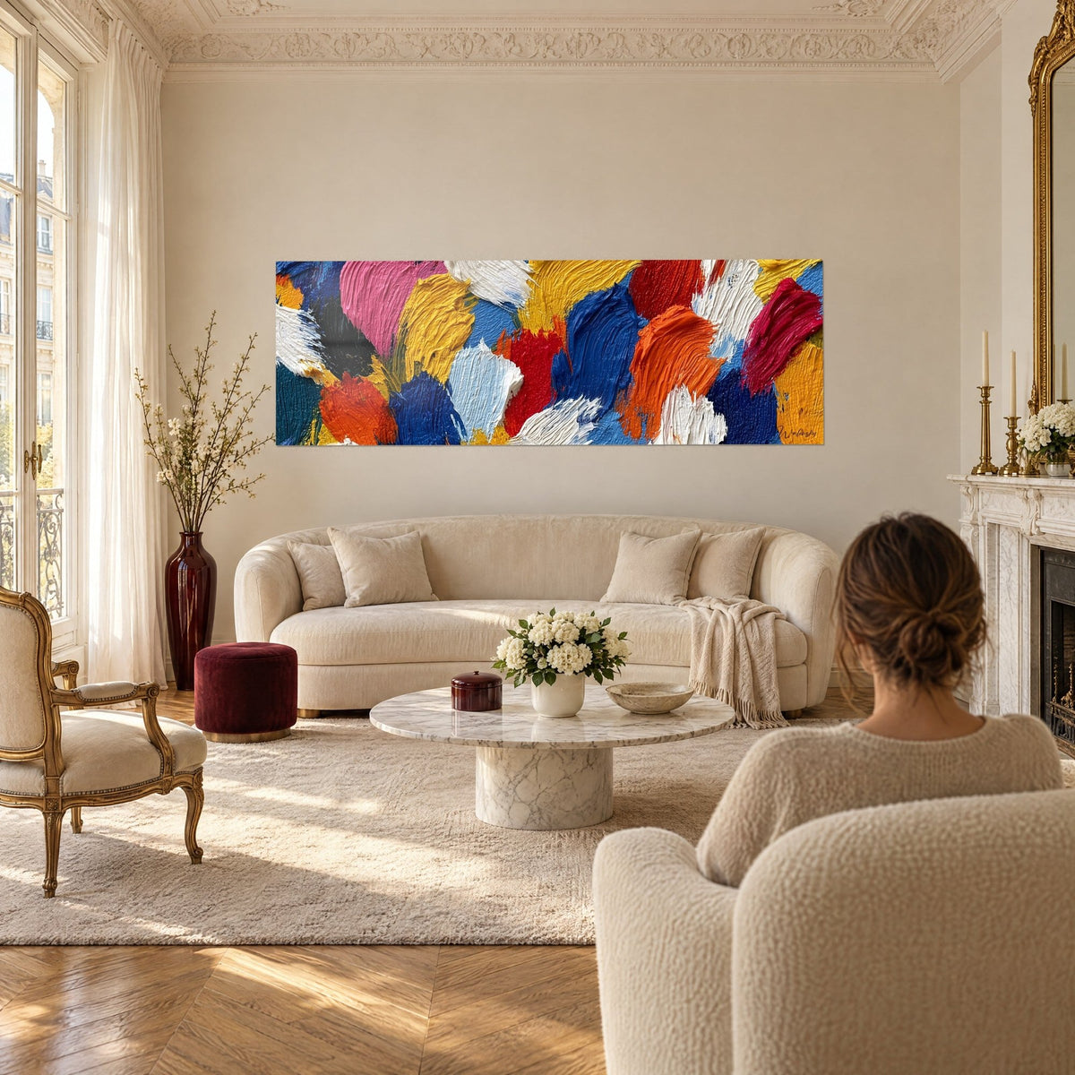 Cuadro de pinceladas gruesas en azul marino y amarillo mostaza, toques rosas y rojos, sobre un sofá en un salón luminoso