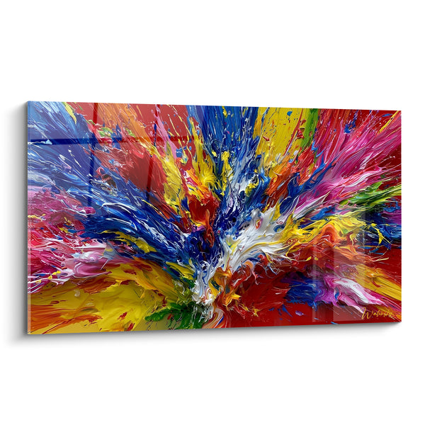 Tableau Explosion rouge et bleu aux éclats multicolores - Gerbe centrifuge - Edition style Peinture abstrait