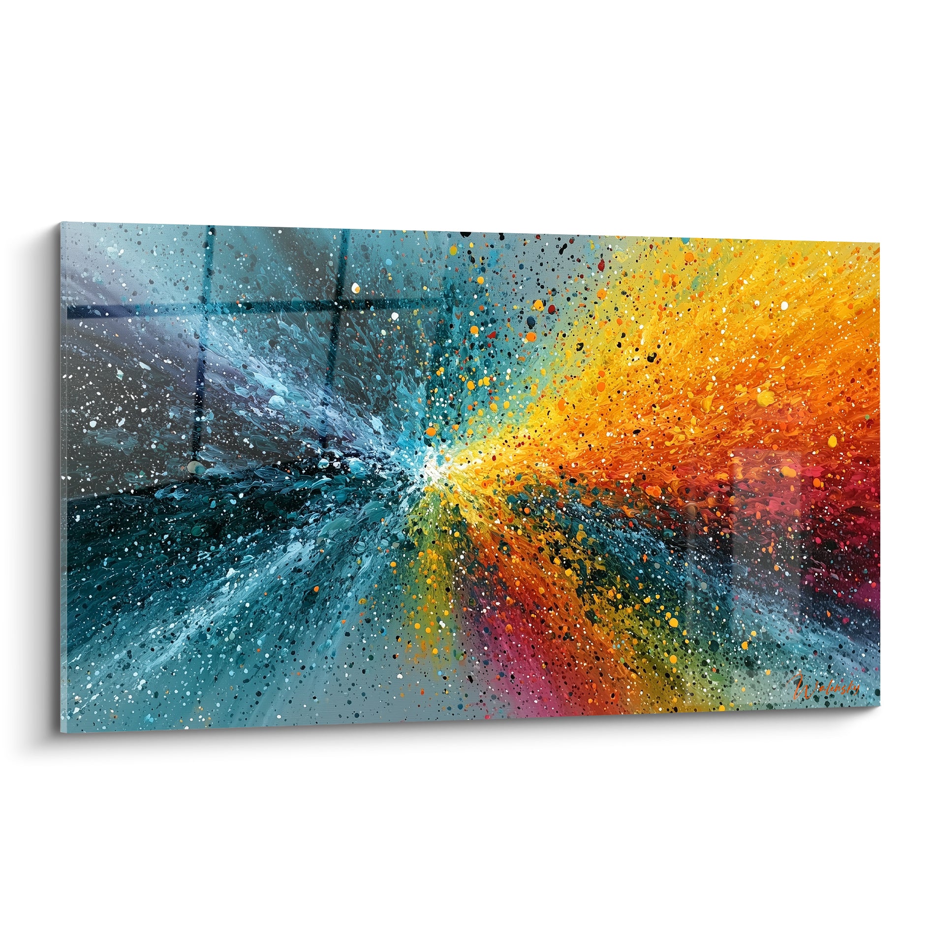 Explosion abstraite bleu sarcelle et orange doré, éclats de peinture projetée en plein cadre