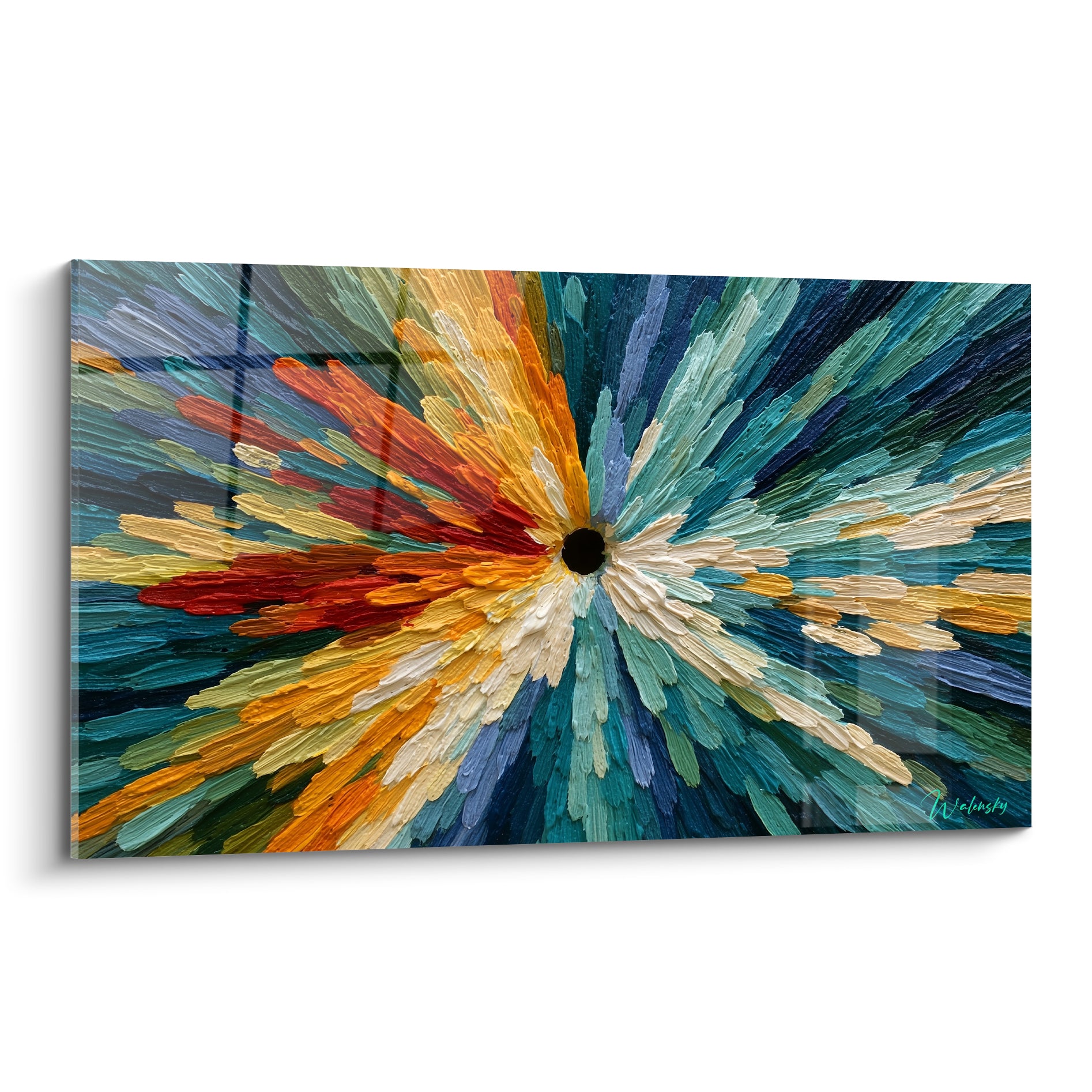 Explosion florale style Peinture abstrait en bleu sarcelle et orange autour d'un centre noir profond