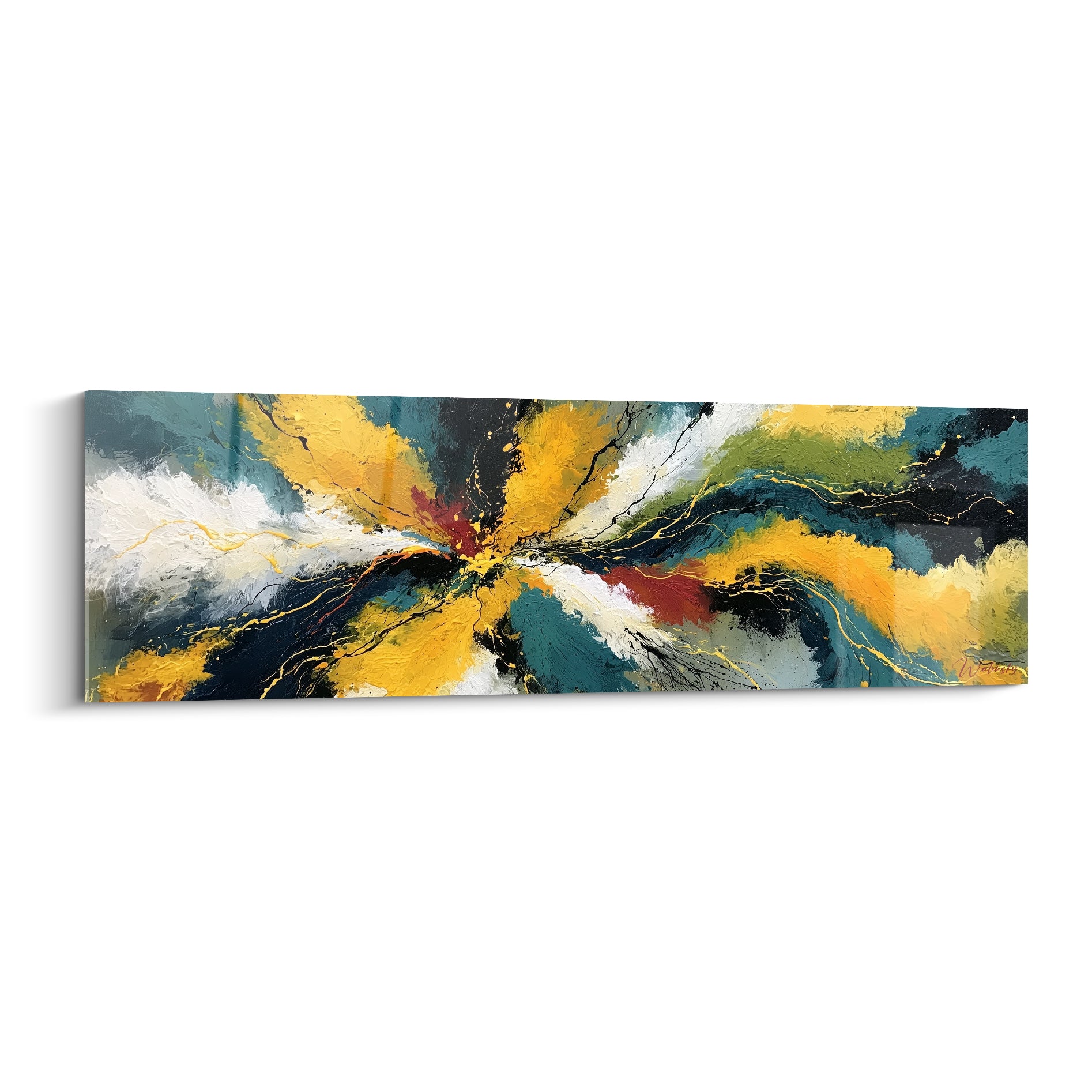 Explosion abstraite jaune doré et bleu canard en mouvement giratoire, traitement pictural texturé au couteau