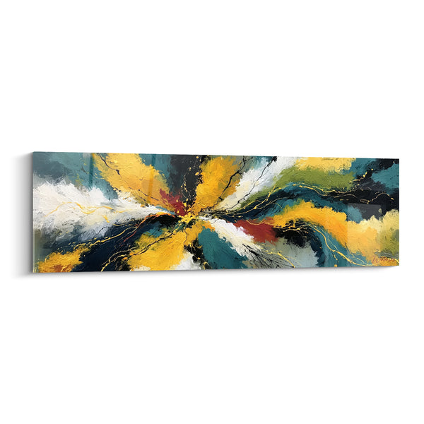 Tableau Explosion jaune et sarcelle aux filaments dorés - Éclat central pourpre - Edition style Peinture abstrait