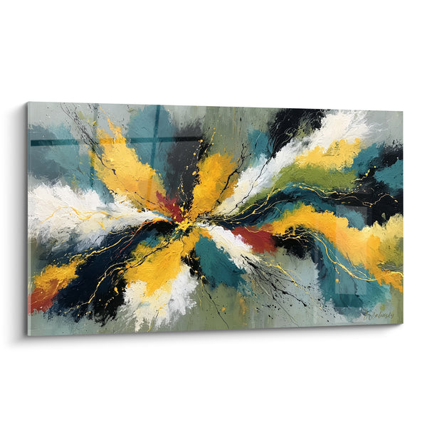 Tableau Explosion jaune et sarcelle aux filaments noirs - Éclats croisés vibrants - Edition style Peinture abstrait