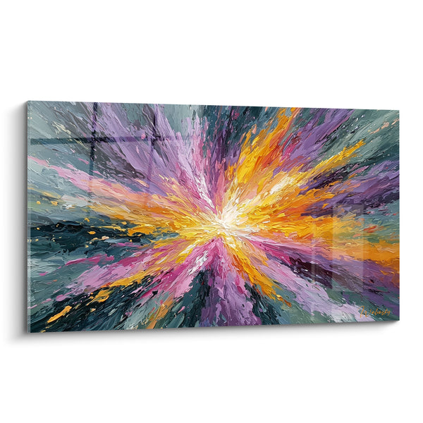 Tableau Éclat rayonnant jaune et violet au centre blanc - Sursaut lumineux central - Edition style Peinture abstrait