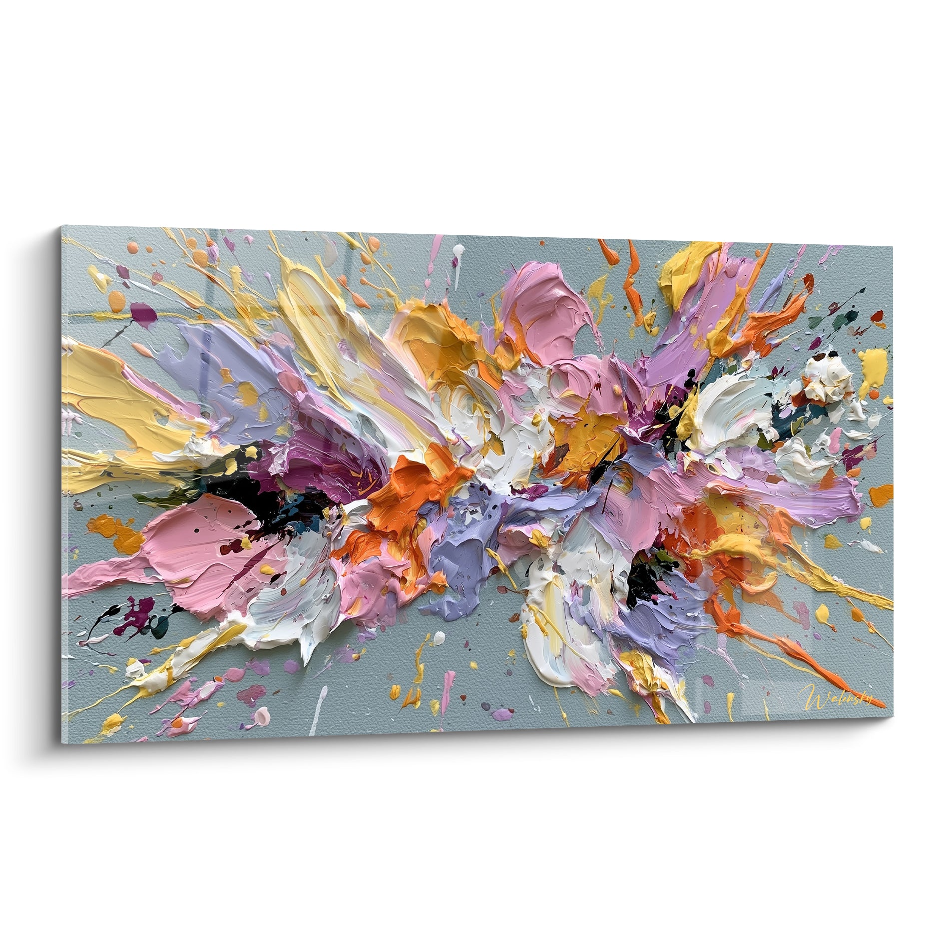 Explosion florale abstraite rose, lavande et doré aux empâtements épais sur fond gris bleuté