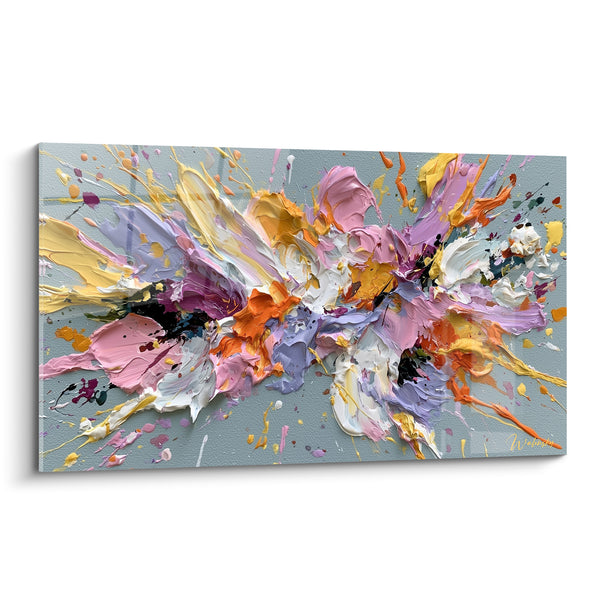 Tableau Explosion florale rose et lavande sur gris - Éclat en suspension - Edition style Peinture abstrait
