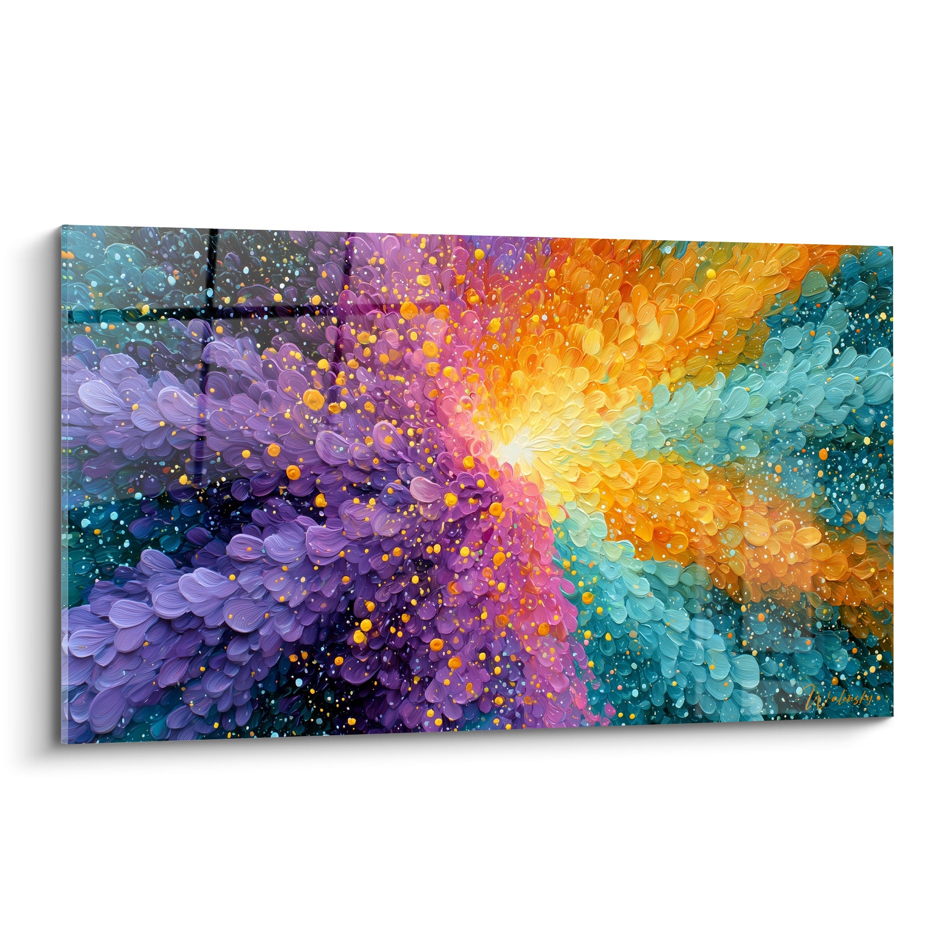 Explosion florale violette et turquoise aux pétales dorés, style peinture abstraite lumineuse et dense