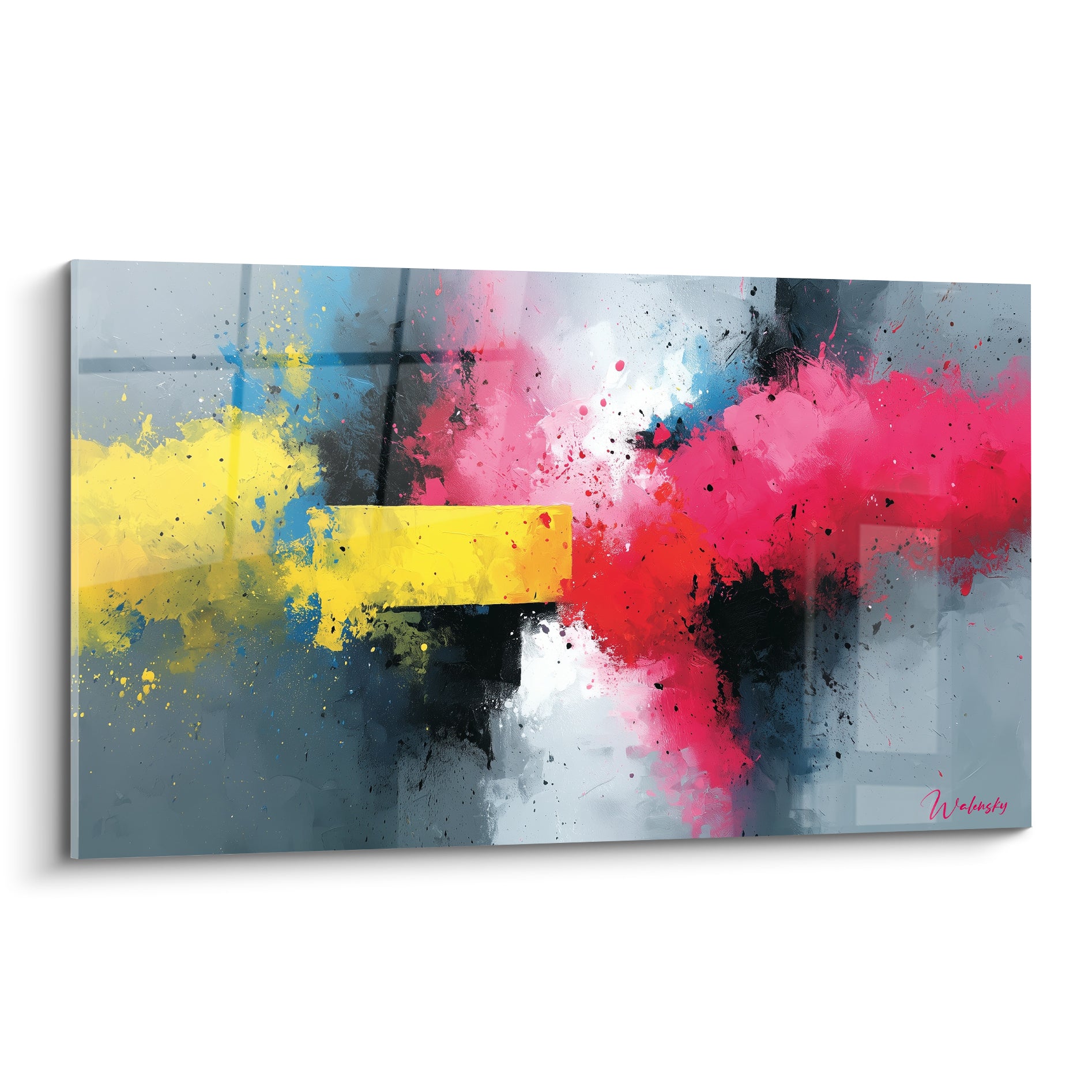Explosion picturale jaune vif et rose fuchsia sur fond gris anthracite, projections noires en mouvement