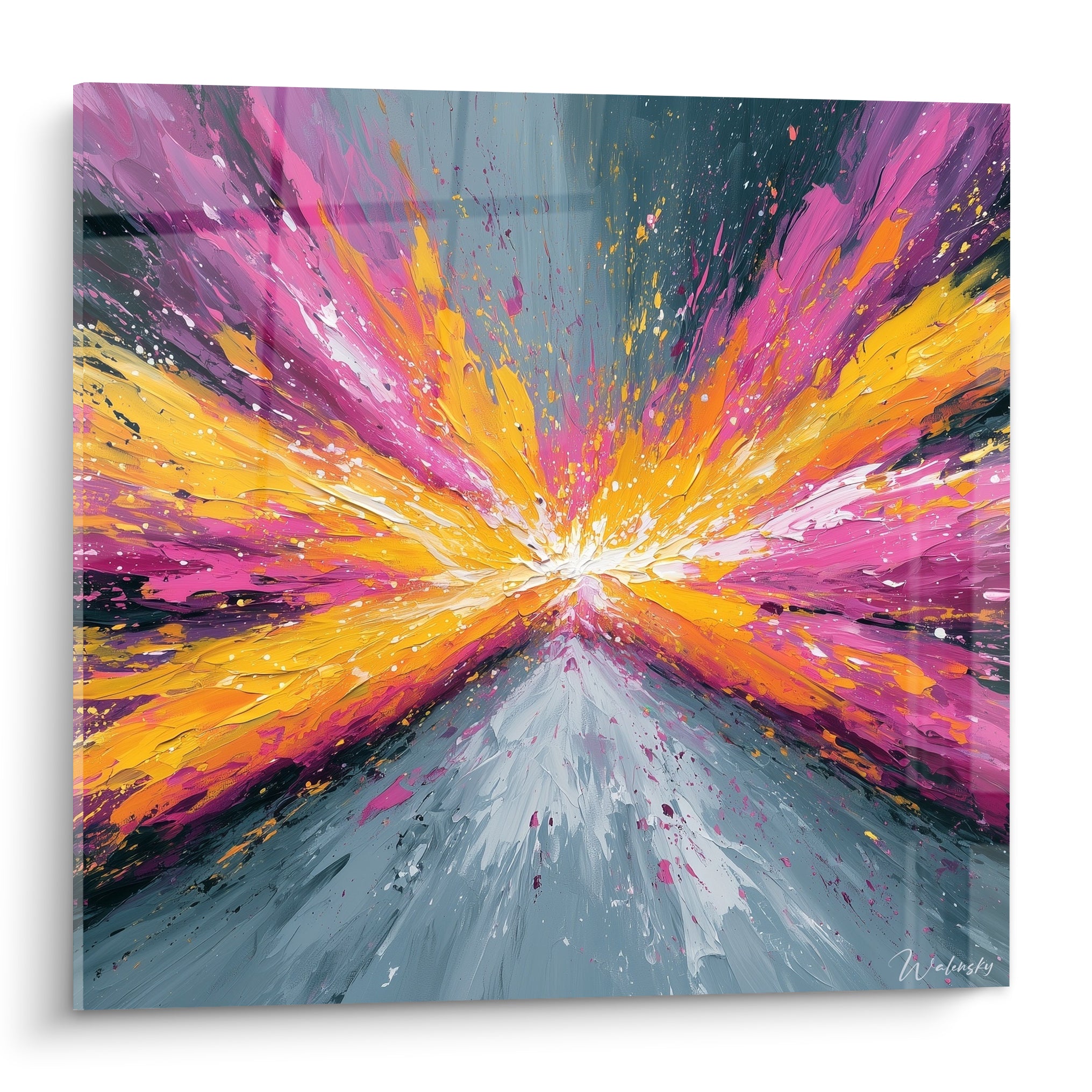 Explosion abstraite jaune doré et rose fuchsia jaillissant d'un point blanc sur fond gris anthracite
