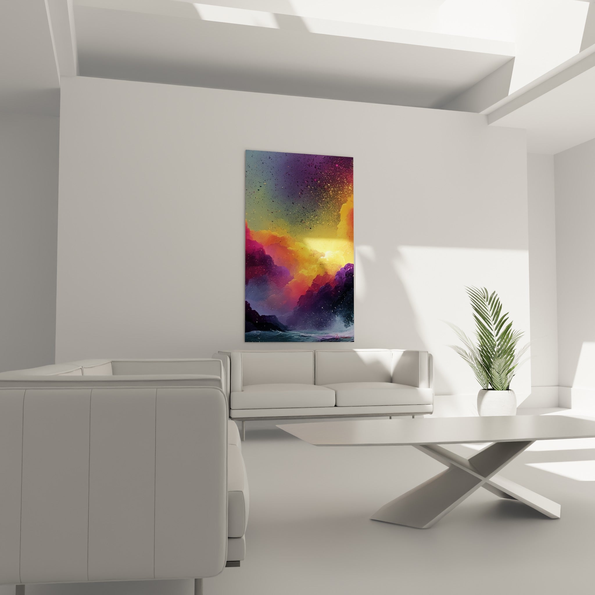 Explosion chromatique orange et anthracite disposée au-dessus d'un canapé dans un salon lumineux