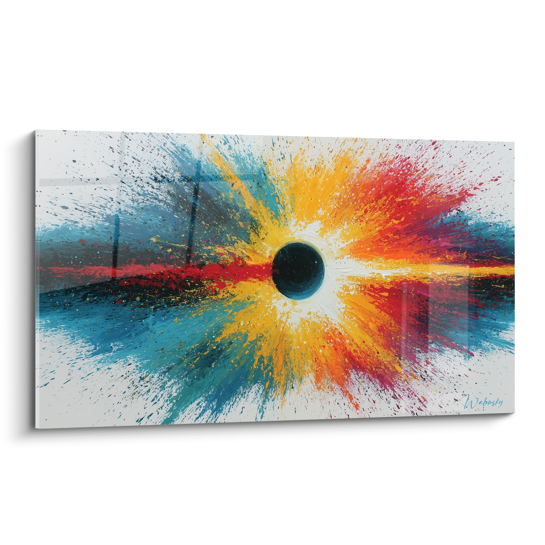 Explosion abstraite orange et bleu canard jaillissant d'un point noir central sur fond blanc
