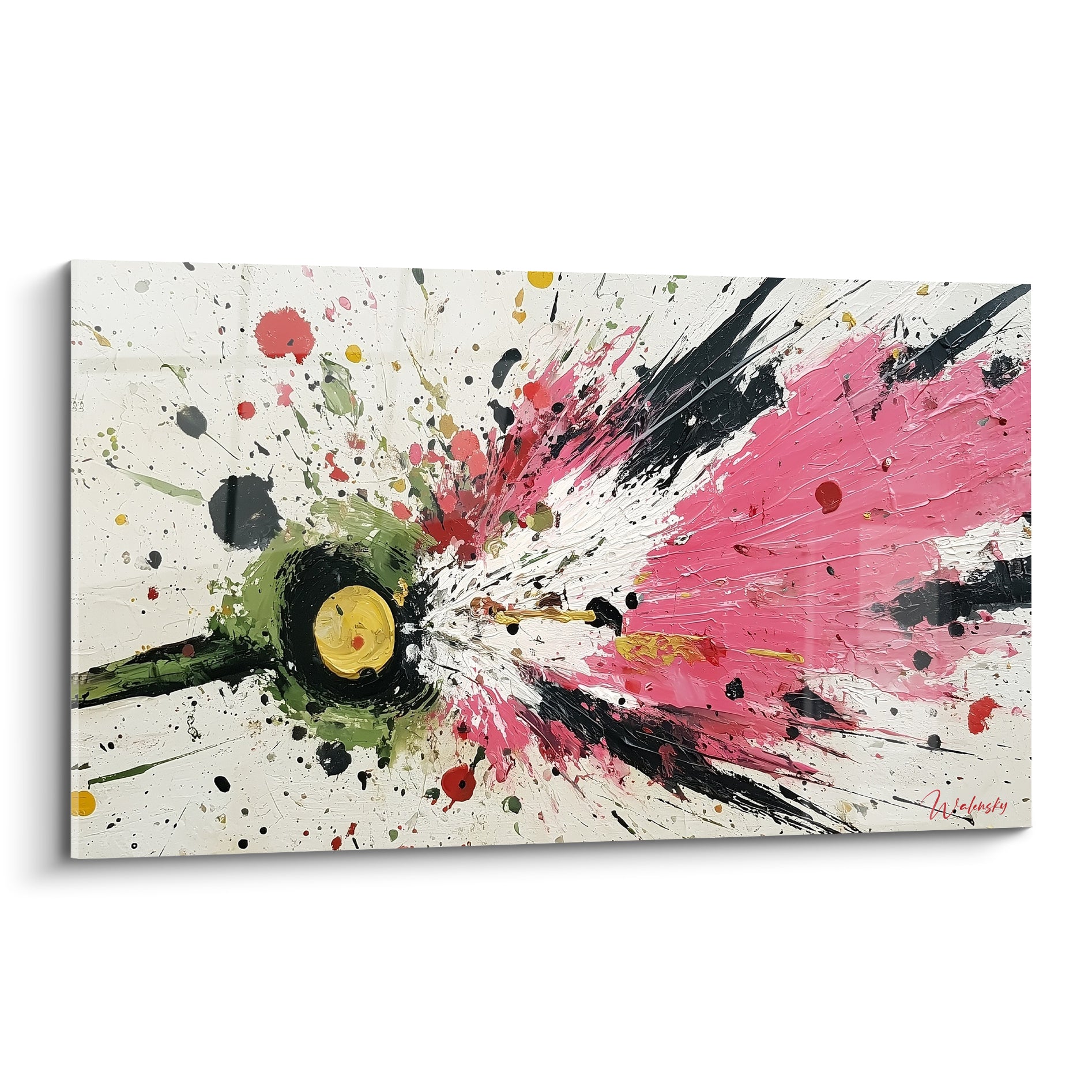 Explosion rose fuchsia et noir anthracite jaillissant d'un noyau doré sur fond blanc crème