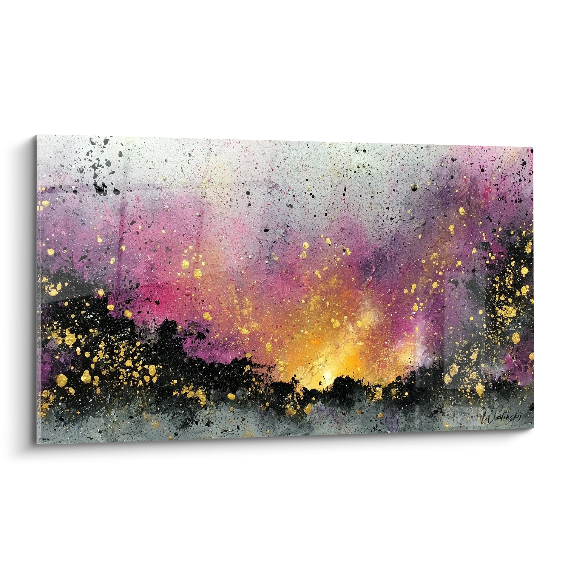 Explosion violette et dorée sur fond anthracite, éclaboussures et coulures en peinture abstraite