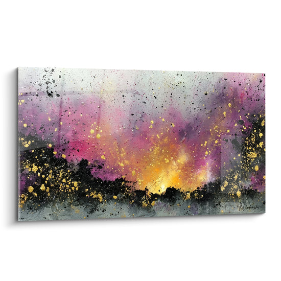 Explosion violette et dorée sur fond anthracite, éclaboussures et coulures en peinture abstraite