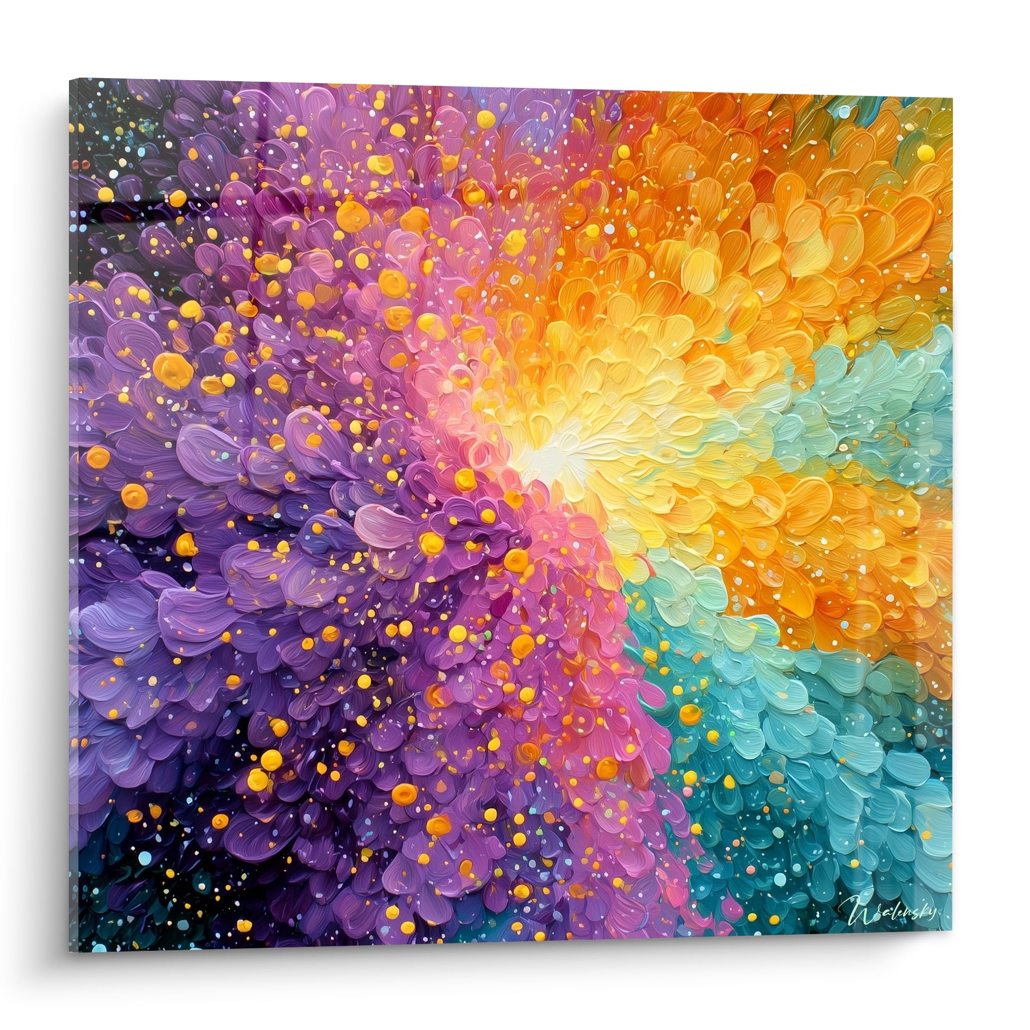 Explosion de pétales violets, orangés et turquoise en peinture abstraite au couteau, cœur lumineux doré