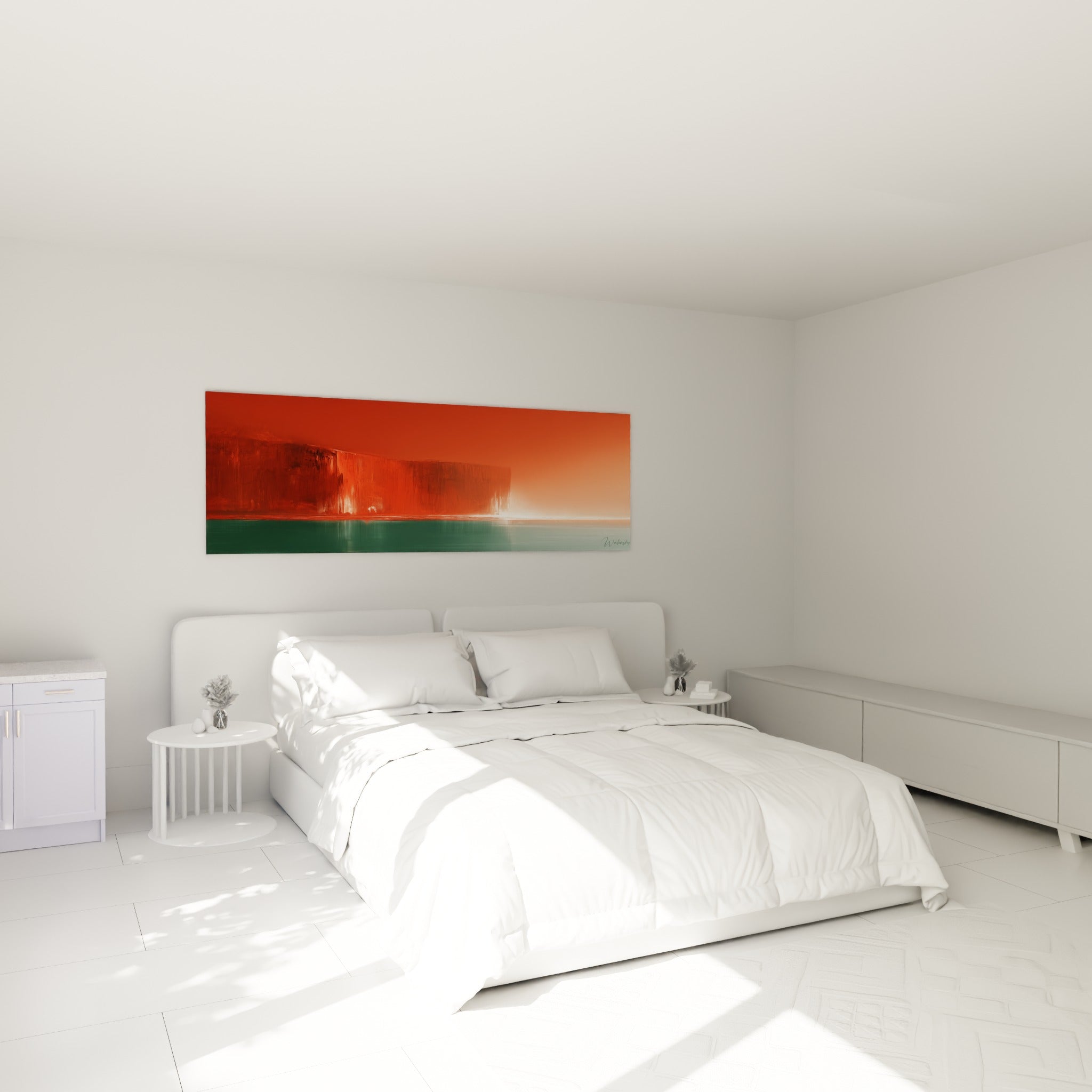 Falaise rouge incandescente et bande verte profonde, peinture abstraite au-dessus d'un lit dans une chambre claire