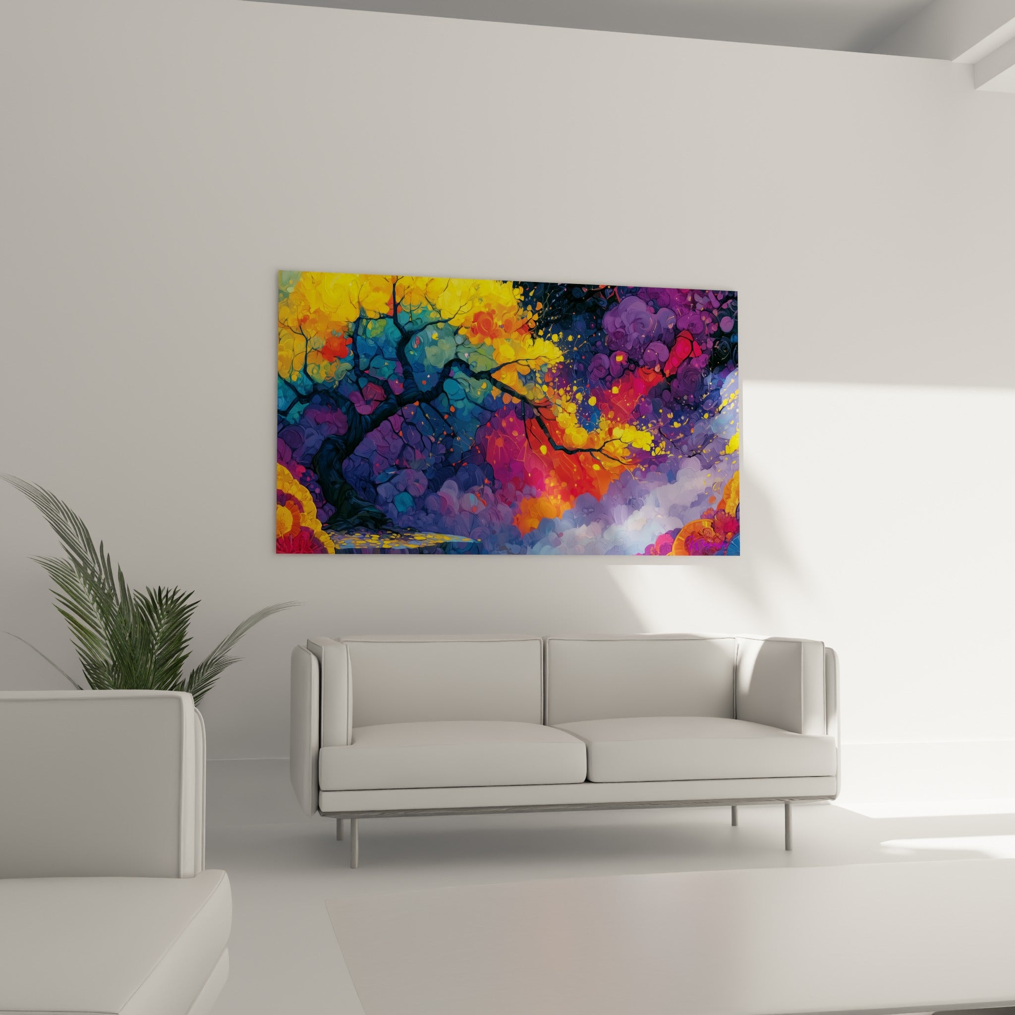Silhouette d'arbre aux nuances orange et mauve suspendue au-dessus d'un canapé dans un salon lumineux