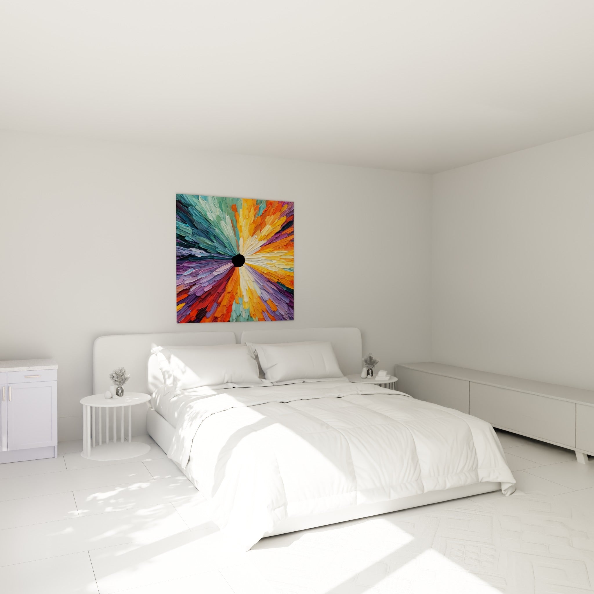 Éclatement floral orange et lavande, matière peinte dense, accroché au-dessus d'un lit dans une chambre claire