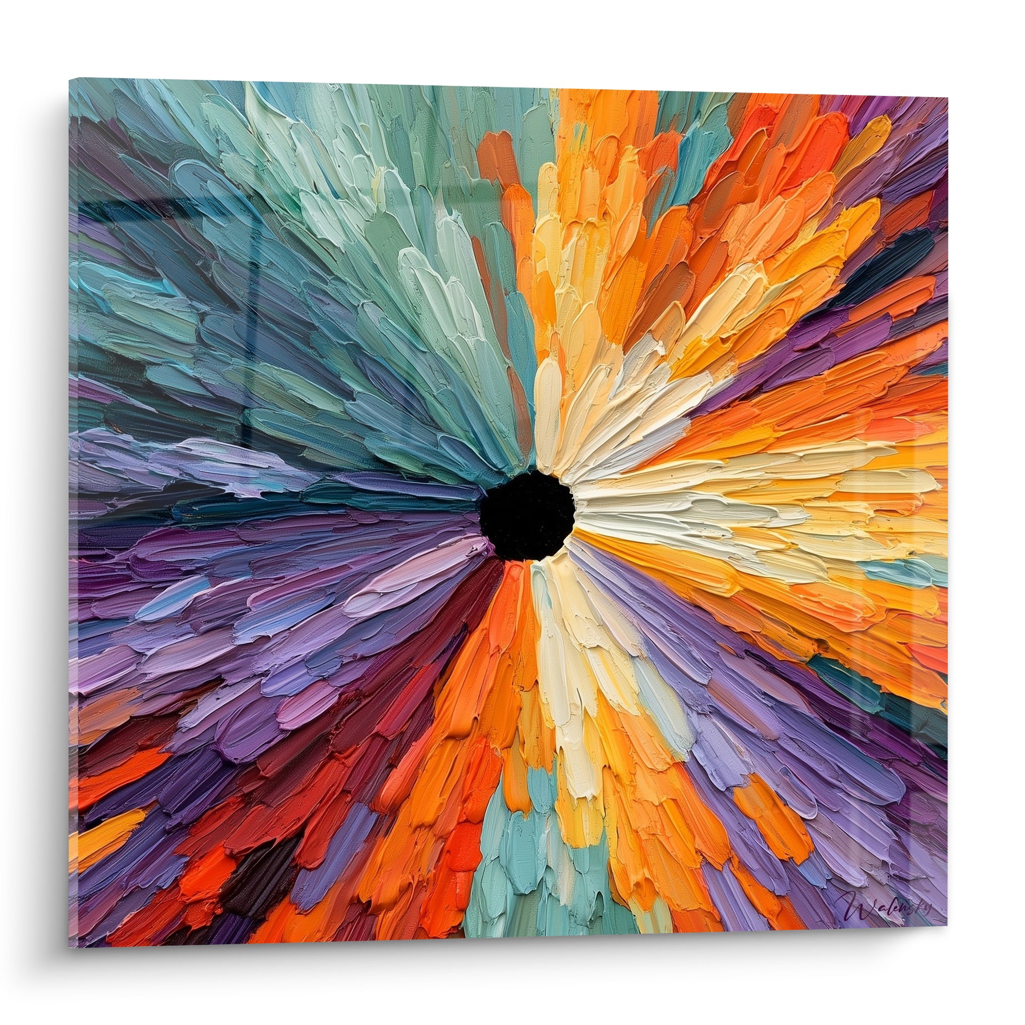 Fleur abstraite aux pétales orange et violet, centre noir intense, empâtements épais style Peinture abstrait