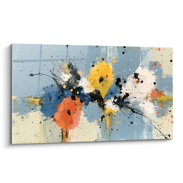 Tableau Éclaboussures florales bleu poudré et ocre - Éclatement figé - Edition style Peinture abstrait