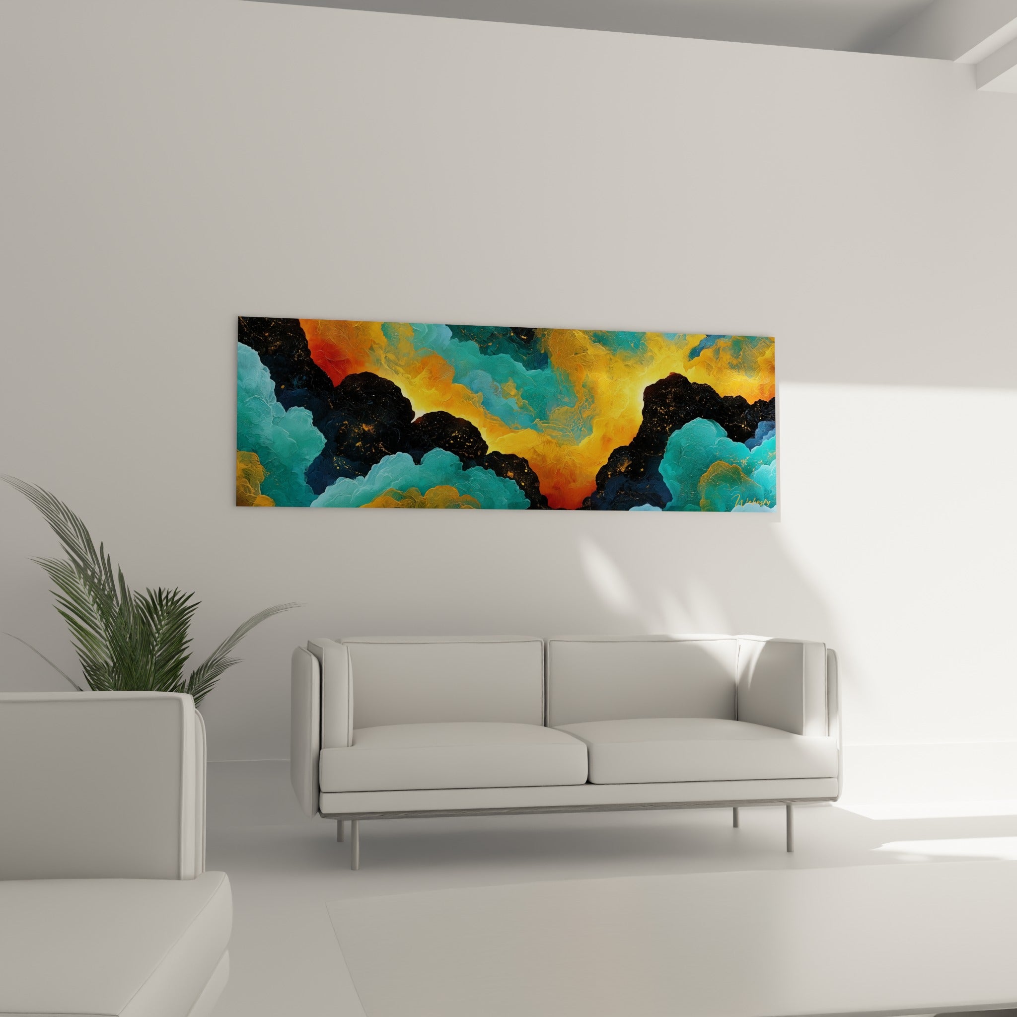 Formations nuageuses orange et turquoise en peinture abstraite, au-dessus d'un canapé dans un salon lumineux.