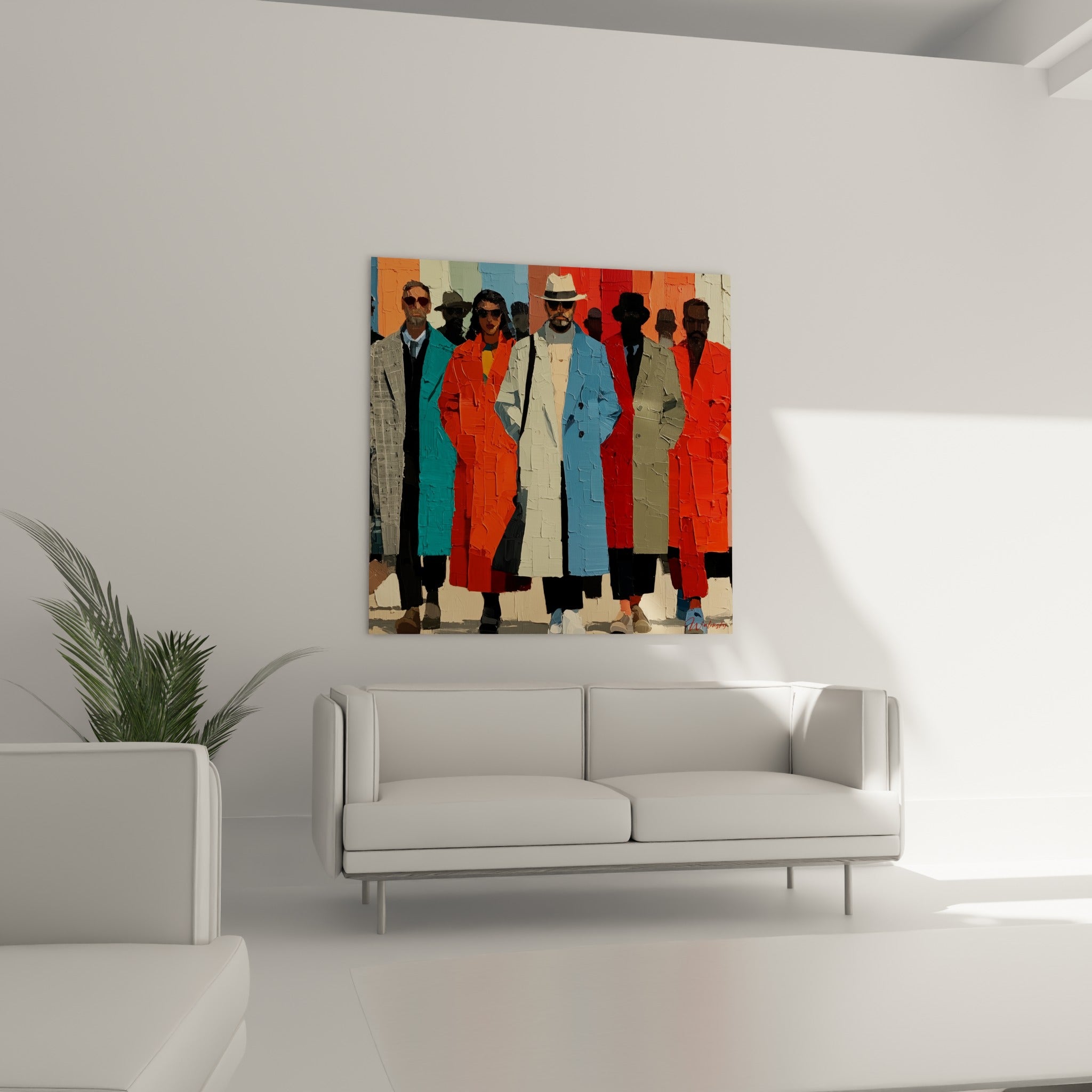 Foule en manteaux terracotta et gris-vert, style Peinture abstrait au-dessus d'un canapé dans un salon lumineux